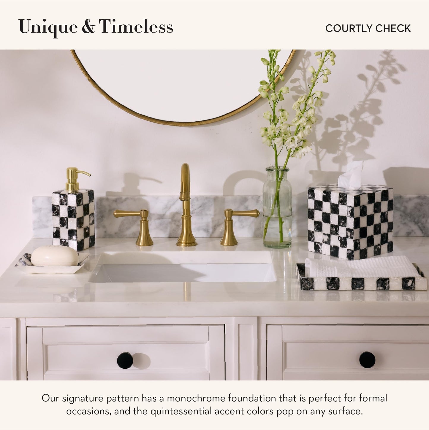 MACKENZIE-CHILDS Capiz Soap Dish, Decorative Soap Holder, Black-and-White Courtly Check