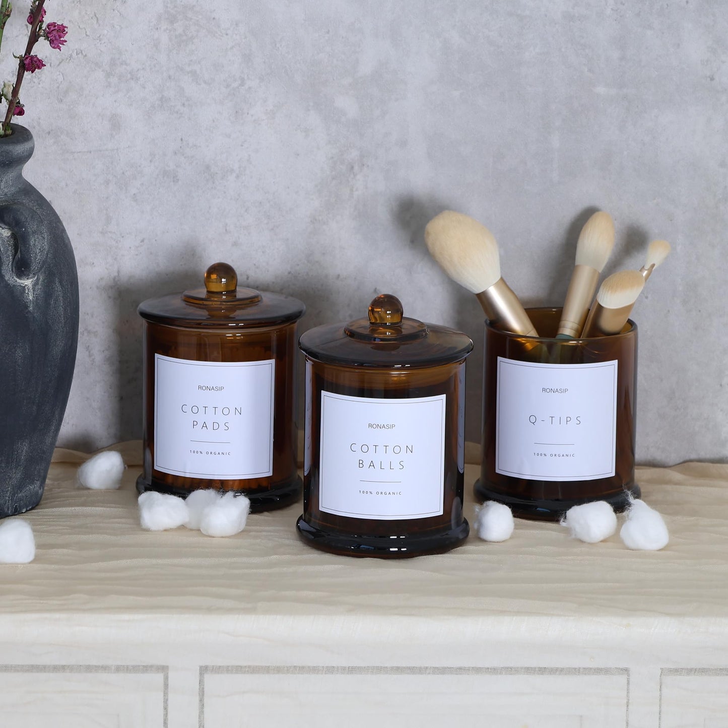 Ronasip 3 Pack Farmhouse Bathroom Organizers and Storage - 16 Oz Glass Jars with Lids for Qtip Holder, Swab Organizer, Bathroom Decor and Storage with Labels (Amber)