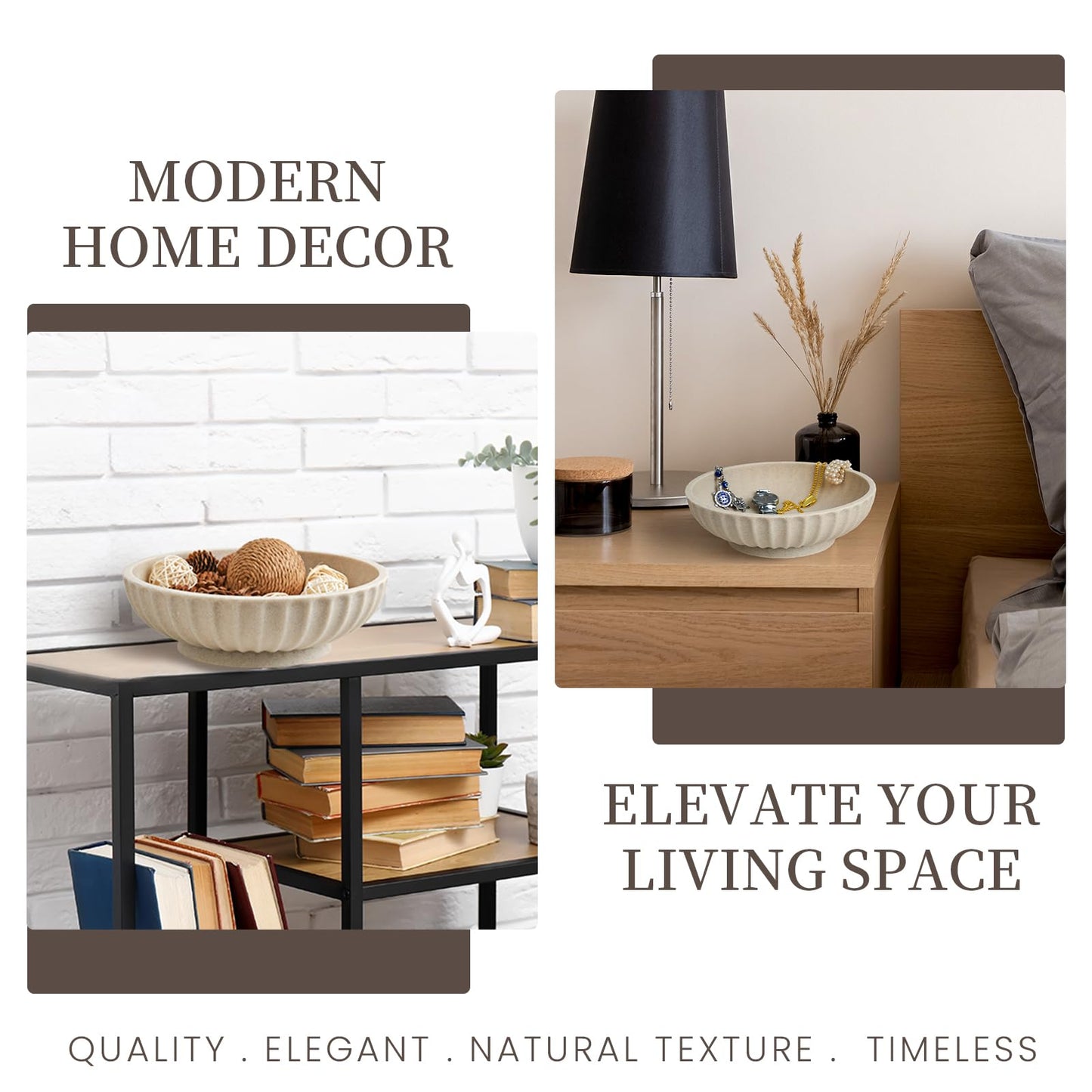 Large Decorative Bowl - Fruit Bowl for Kitchen Counter - Modern Decorative Bowl for Home Decor,Key Bowl for Entryway Table - Artificial Stone Beige