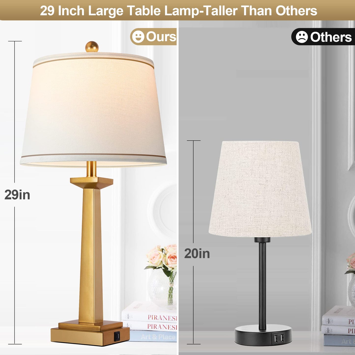 ROTTOGOON 29" Gold Table Lamps for Living Room Set of 2, 3-Color Temperature Nightstand Modern Lamps with Dual USB Charging Ports, Resin Brass Tall Lamp for Bedrooms (LED Bulbs Included)