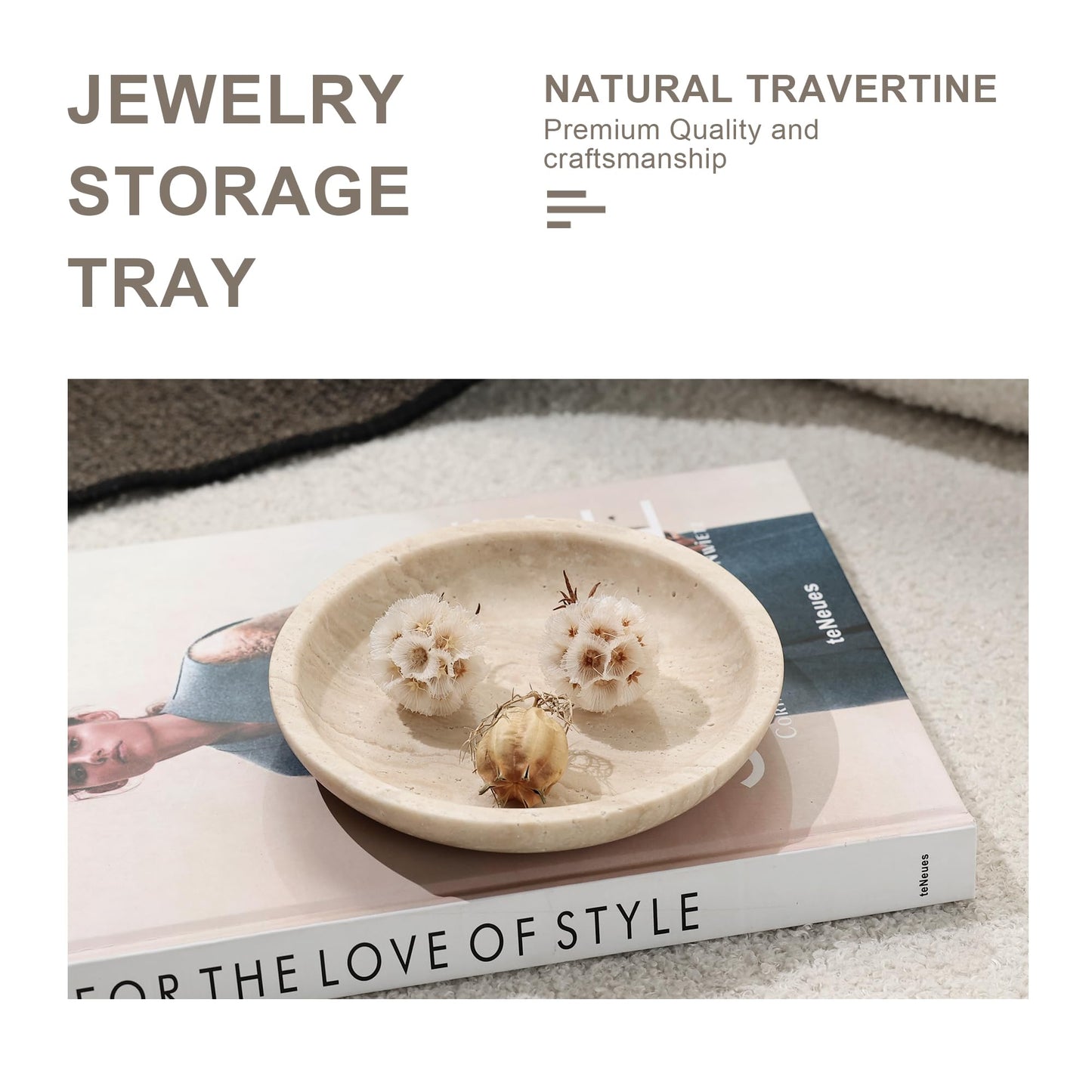 SZGYCSM Travertine Jewelry Dish Tray - Decorative Stone Catchall Bowl for Entryway Table, Keys & Rings Holder, Natural Marble Home Decor Organizer (5.5 Inch)