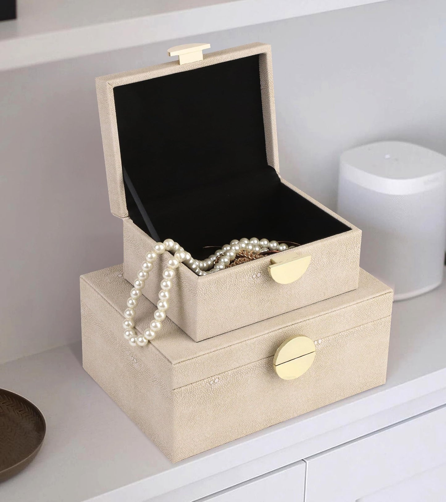 HofferRuffer Faux Leather Jewelry Boxes, Decorative Boxes Storage Accessory Organizer with Gold Hardware Decor, Classic Vegan Leather Set of 2 Pieces (Light Grey)