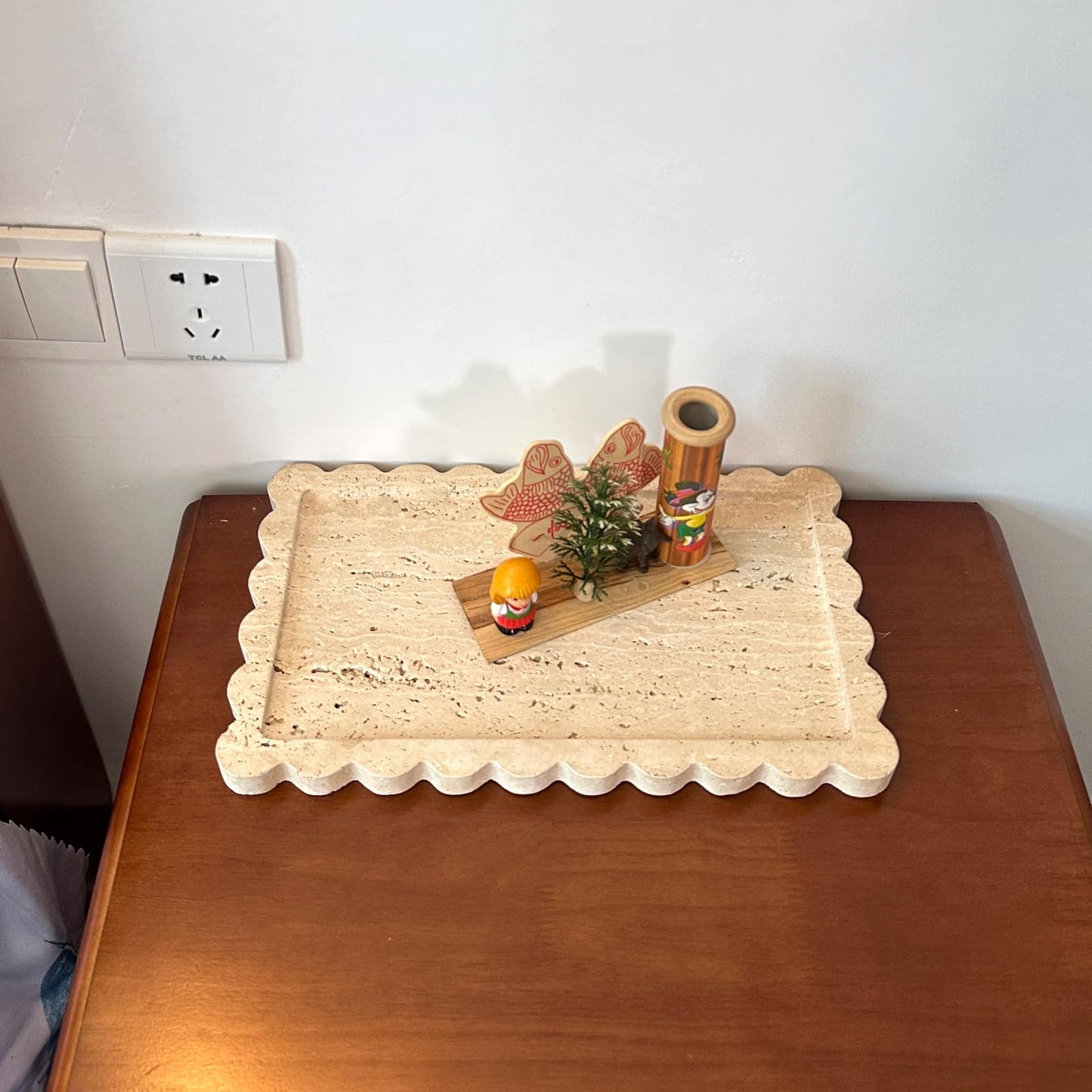 13.4 x 8 inch Large Travertine Tray with Scalloped Edge, Rectangle Decorative Tray for Coffee Table/Bathroom/Kitchen (Beige Travertine)