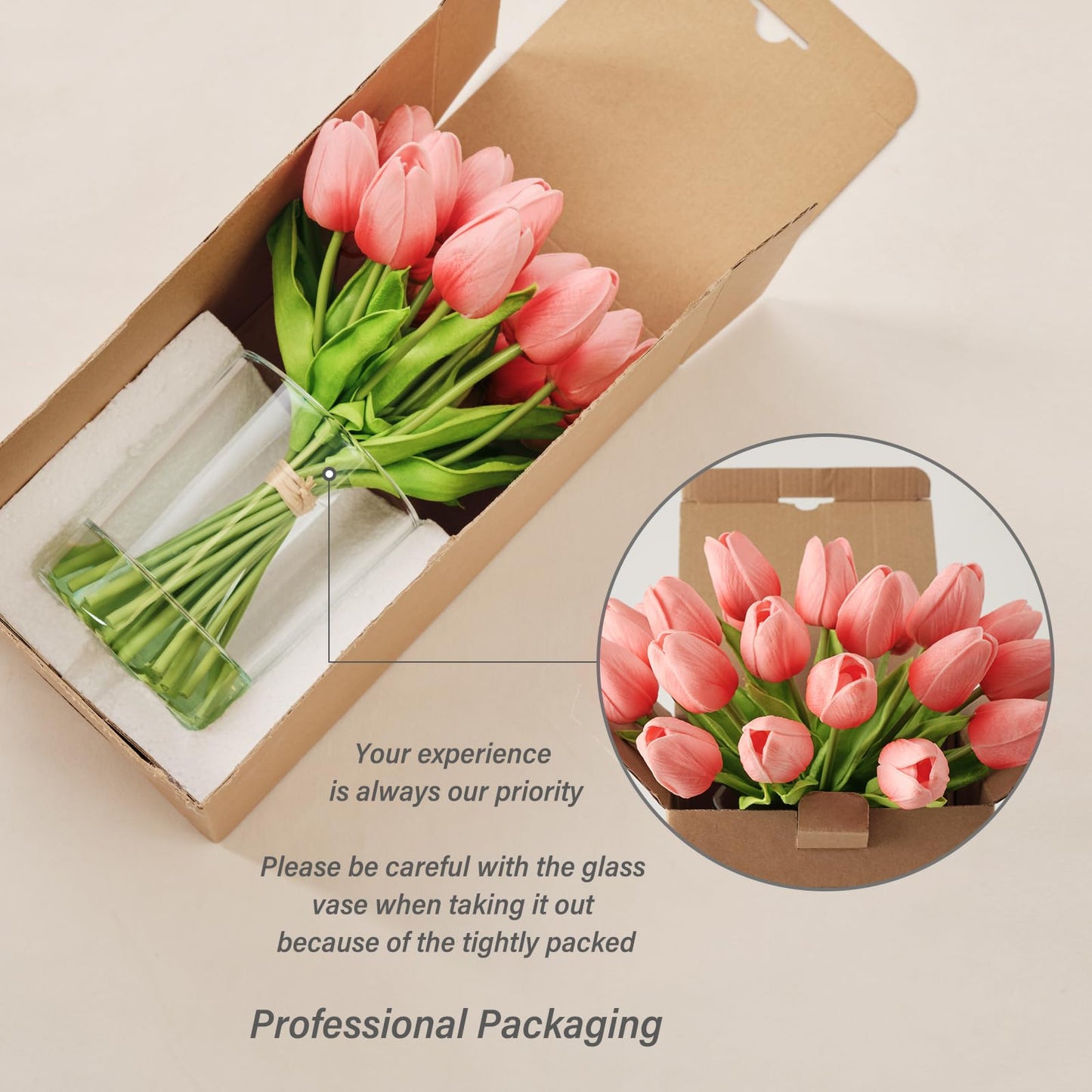 WELL KNOWN 20 Pcs Tulips Artificial Flowers in Vase, Real Touch Tulips with Vase with Upgrate Acrylic Water Flower Arrangements Centerpiece for Dining Room Table Decoration