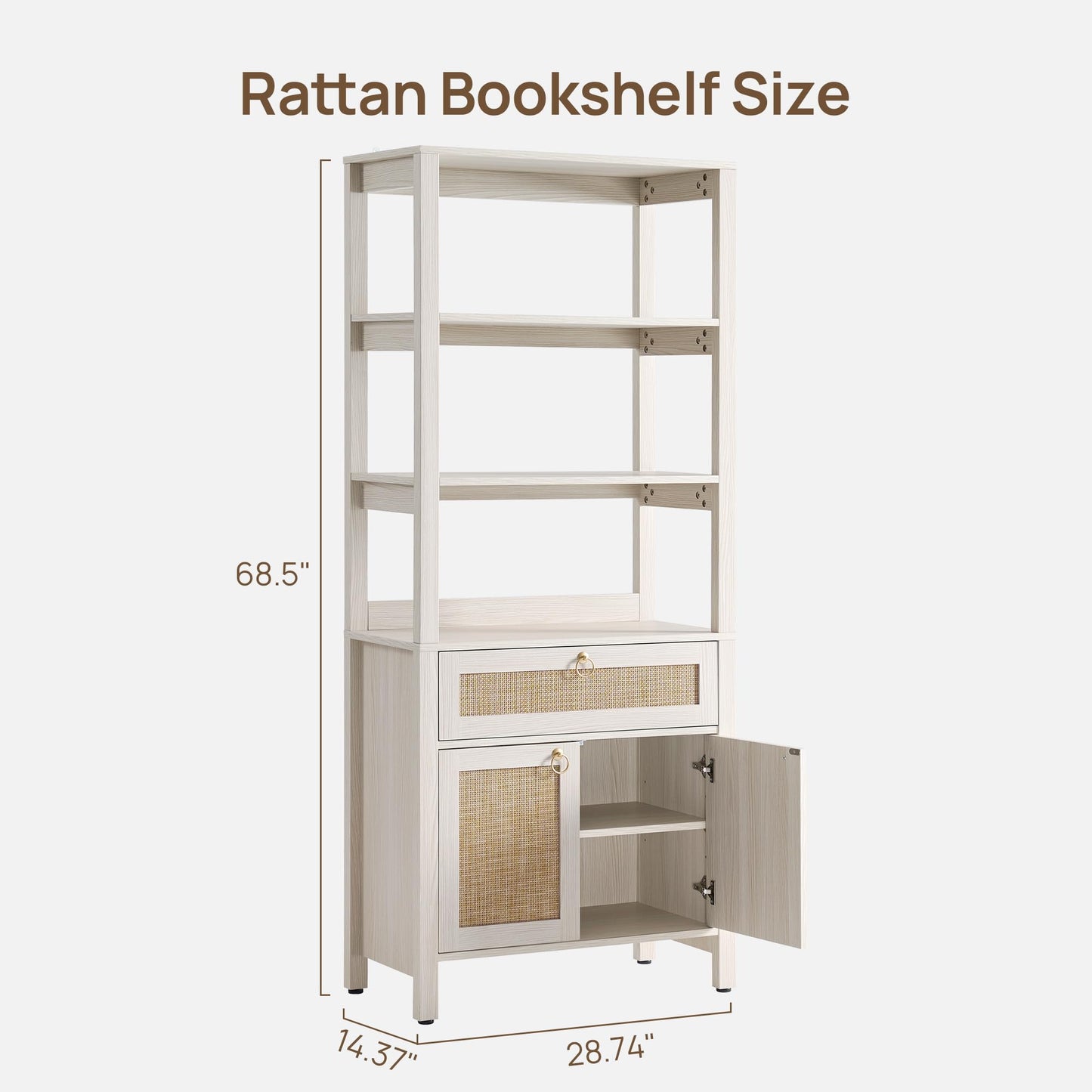 SICOTAS White Bookshelf with Drawer and Doors, Rattan Bookshelf with Round Gold Handle, 3 Tier Shelf for Storage, 68.5" Tall Book Shelf Boho Bookshelves for Home Office (3, White Cream Oak)