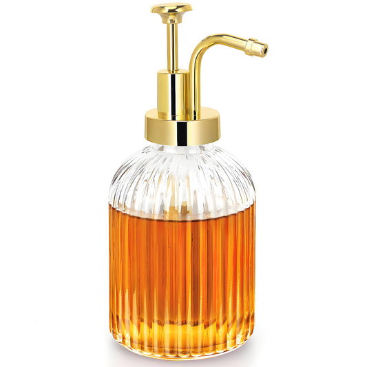 TIWPAJS Glass Coffee Syrup Dispenser 10oz, Syrup Bottles with Ribbed Design, Gold Syrup Pump, Coffee Bar Accessories, Honey Dispenser