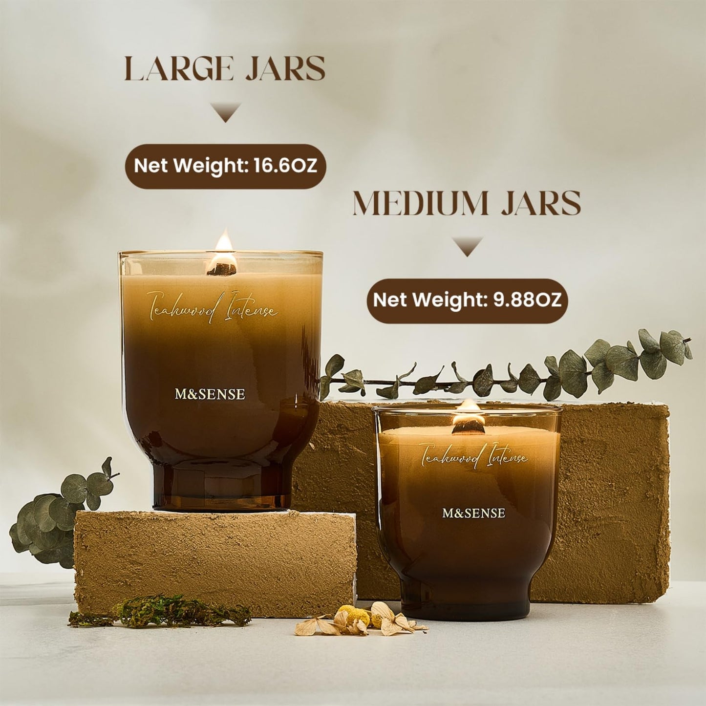 M&SENSE 9.88oz Natural Soy Wax Jar Candle with Wooden Wick | Teakwood Intense Scent | 55-Hour Burn & Long-Lasting Burn | Housewarming Gift for Men and Women