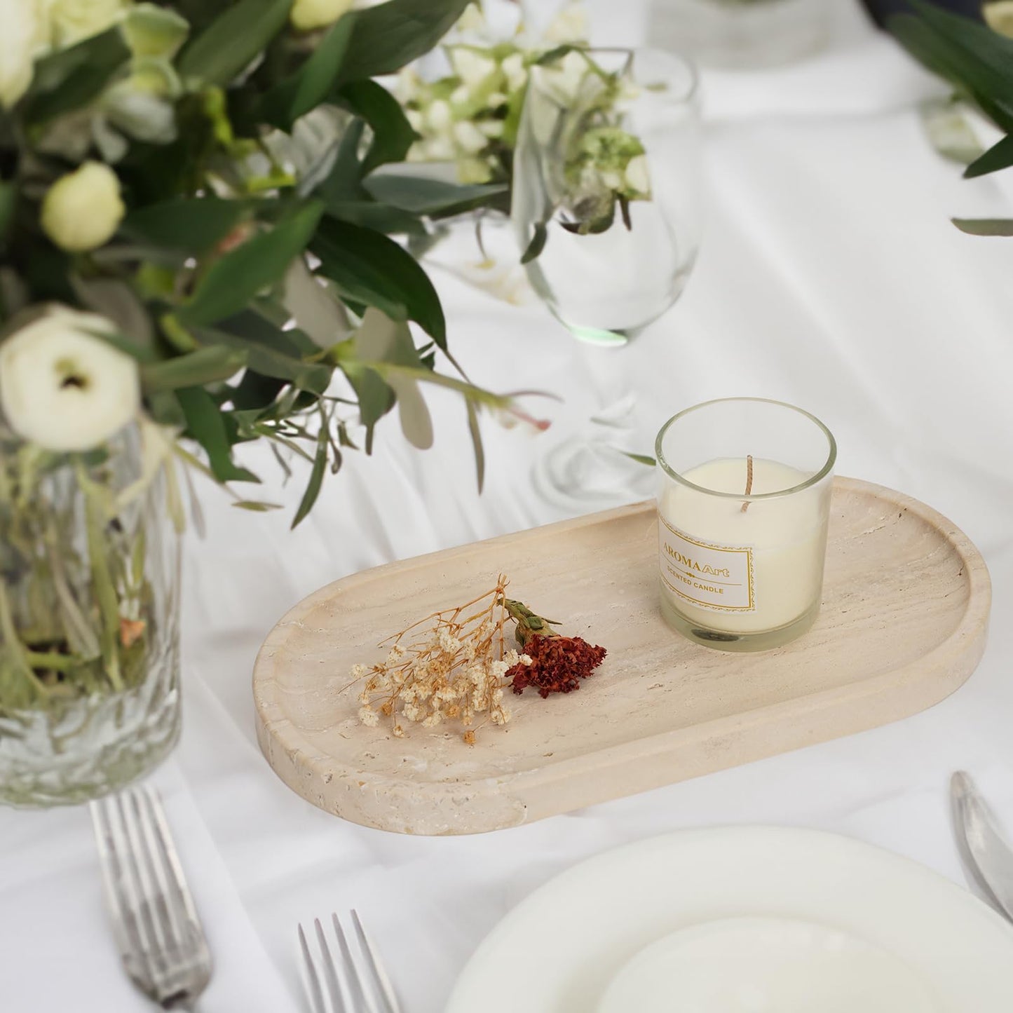 Koville Italian Natural Travertine Vanity Decorative Marble Tray, 12"x6" Light Beige Travertine Wabi Sabi Style Catchall Tray for Perfume, Candles, Jewelry