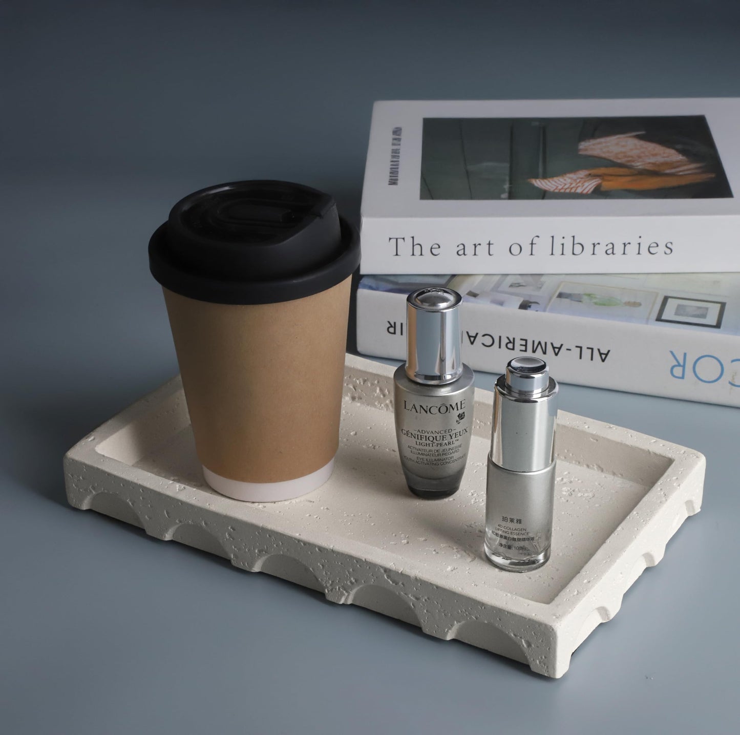 Vixdonos Decorative Tray with Semi-Circular Pattern Edge,Rectangular Concrete Tray for Coffee Table Decor,9.8X5.8X1.2 Inches(Beige)