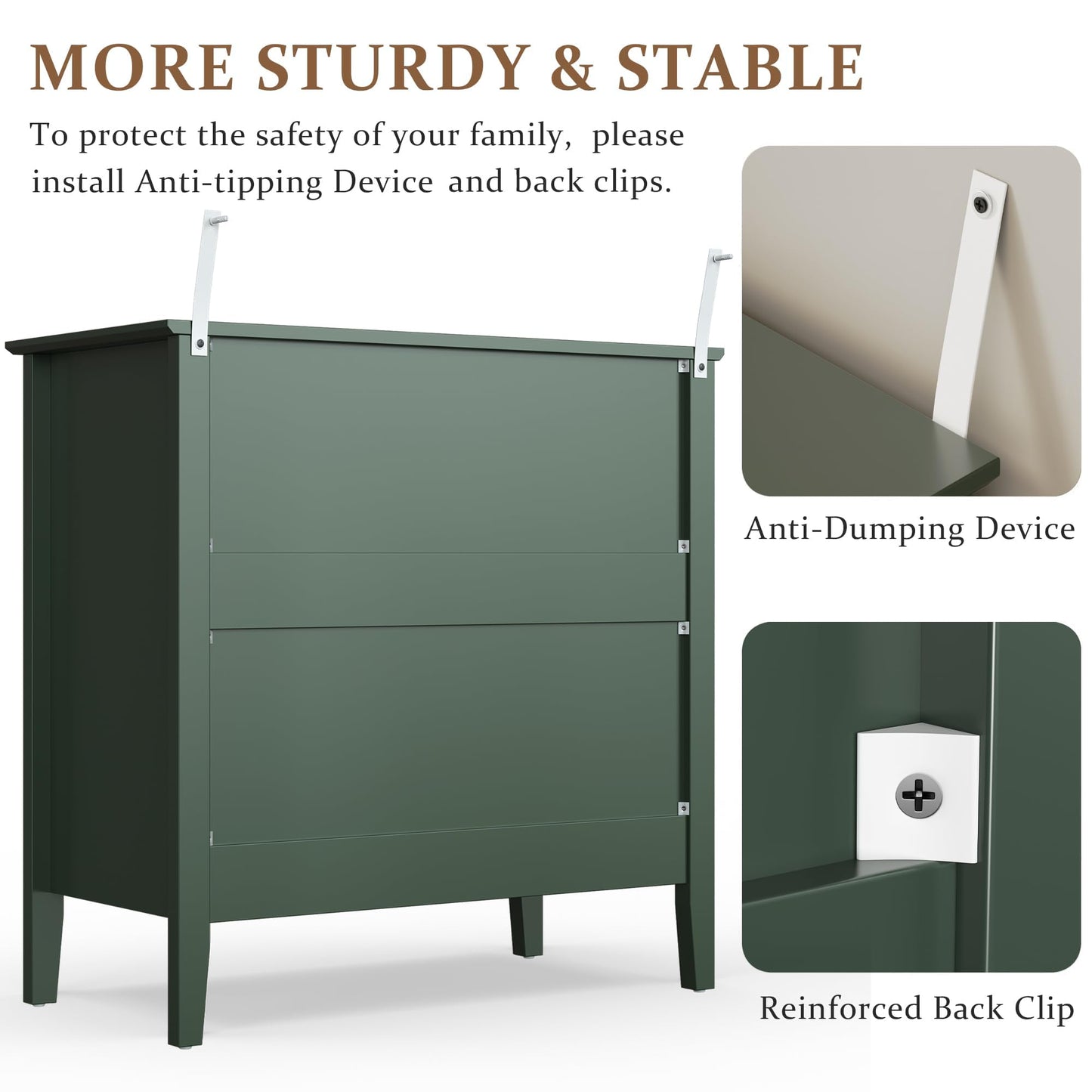 RoyalCraft Large 3 Drawer Dresser Set of 2, Fluted Chest of Drawers with Storage, Modern Painted 30 inch Tall Nightstand for Bedroom Living Room Entryway, Green