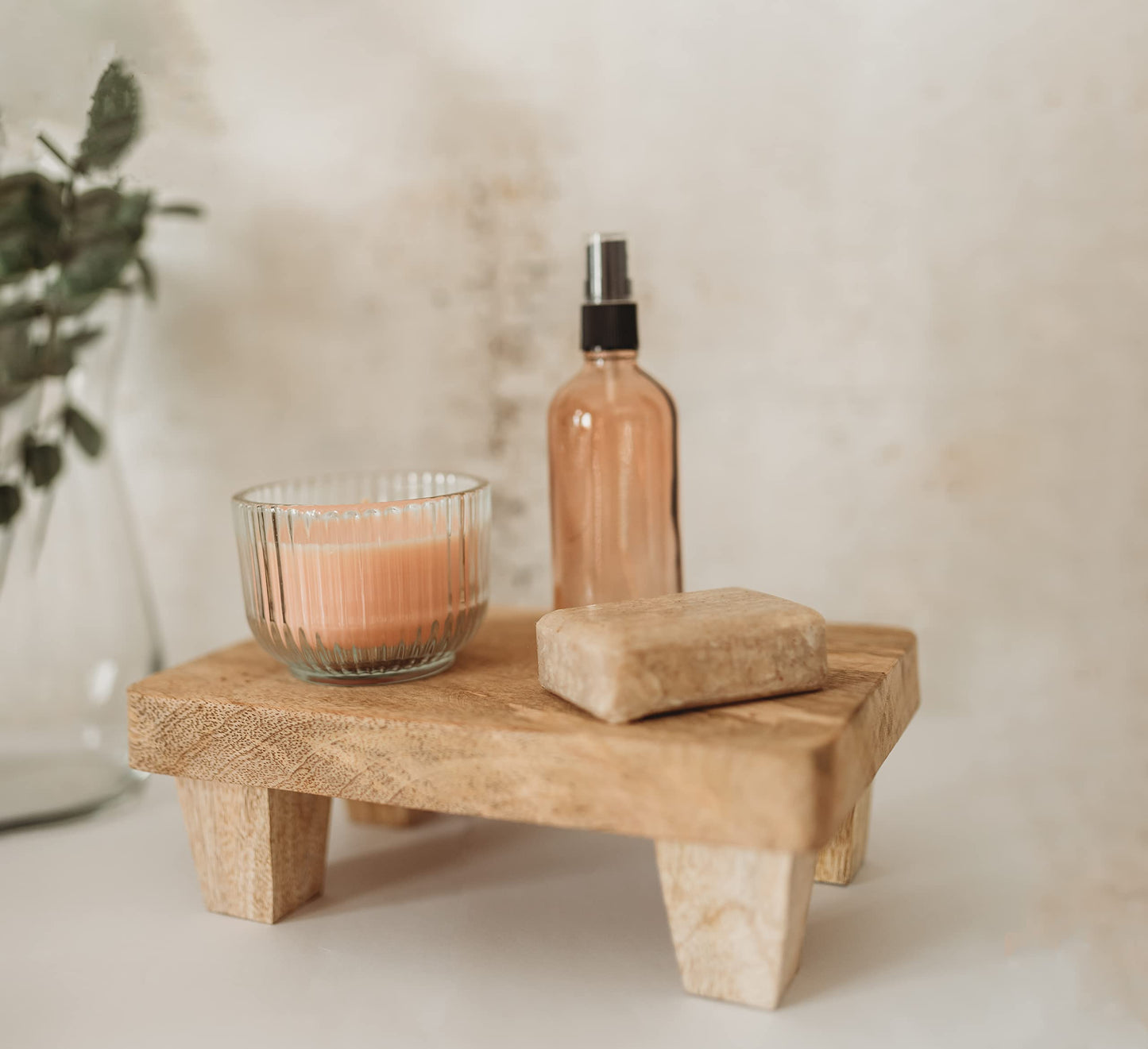 Wooden Tray Pedestal Decor | Display Riser for Plant and Other Home, Kitchen or Bathroom Accessories Hand Carved Mango Wood 2 Finishes Available (Natural Wood)