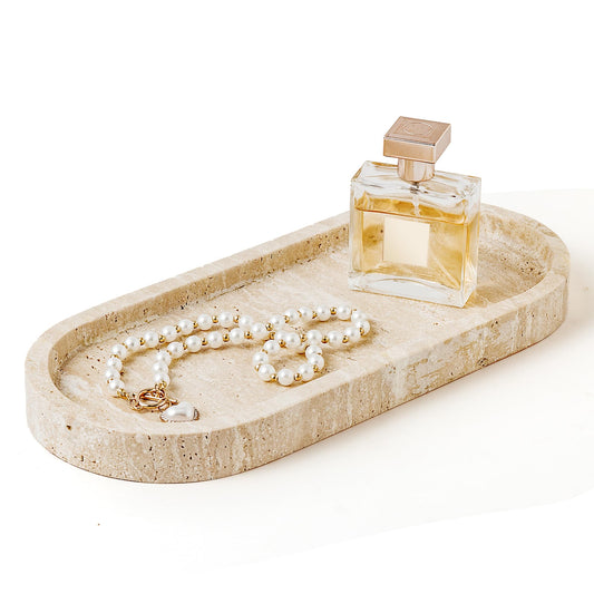 WORHE Marble Vanity Tray 11.8" x 5" Italy Natural Travertine Stone Decorative Trays for Jewelry Candles Perfume, Countertop Storage Organizer for Bathroom Dresser Kitchen Home Decor Beige (WH033)