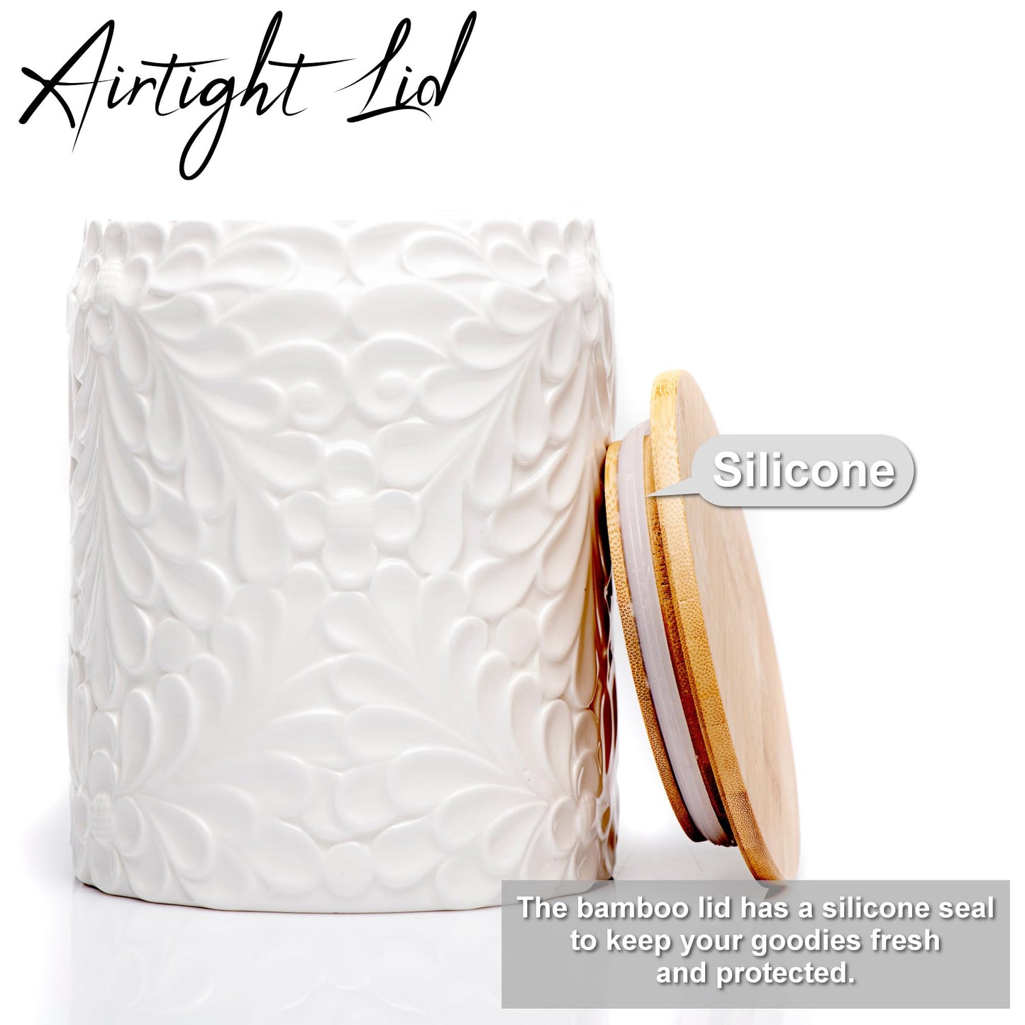 Small Engraved Ceramic Kitchen Canister - Storage Jars with Airtight Lids Made from Bamboo with Nature-Inspired Engraving - Use as a Pasta Holder, Coffee Ground Holder, Rice Container - 30 Ounces