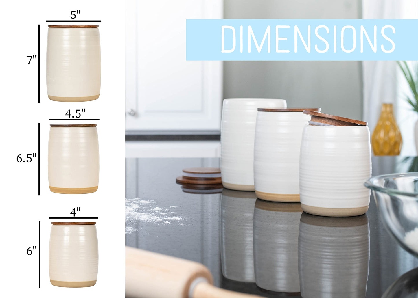 Nat & Jules Lidded Cream 6 inch Ceramic and Wood Kitchen Canisters Set of 3