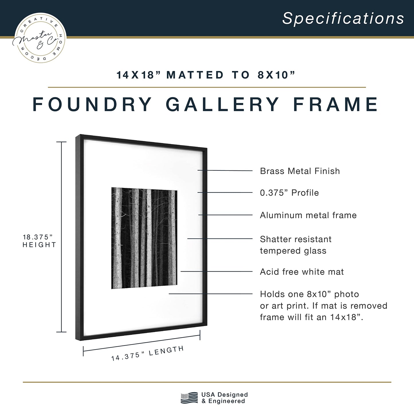 MCS Master & Co. Foundry Metal 14x18 Matted Picture Frame with 8x10 Photo Display, Black Vertical & Horizontal Wall Hanging Frame for Photos & Artwork (1-Pack)