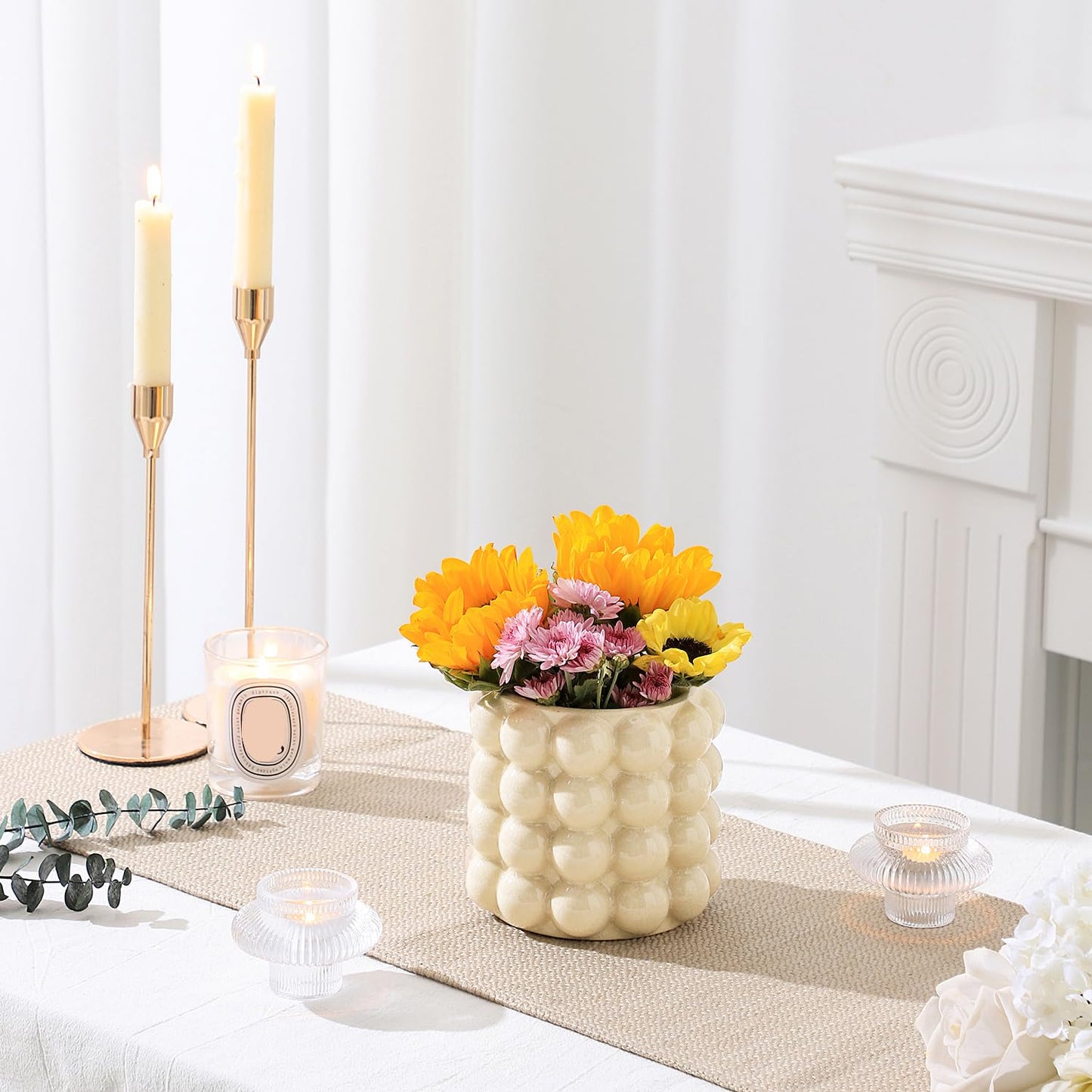 YANWE1 Bubble Vase, Beige Ceramic Vase for Flowers, Short Vases for Boho Decor, Decorative Vases for Flowers, Living Room, Bedroom, Office, Fireplace, Mantel, Coffee Table, 5 Inches