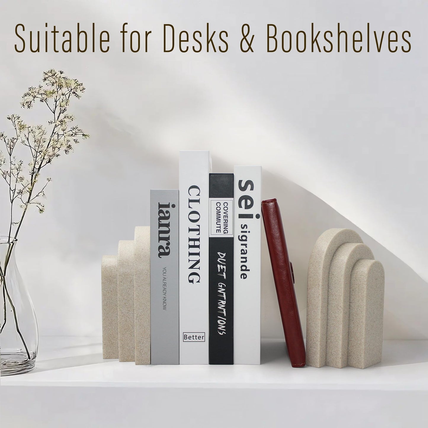 LIN CHUAN - Decorative Bookends for Heavy Books, Aesthetic Book Ends Set of 2, Modern Book Holders Stopper for Shelves, Bookshelf, Bookcase, Office Desk, Home Decor, Resin, Beige