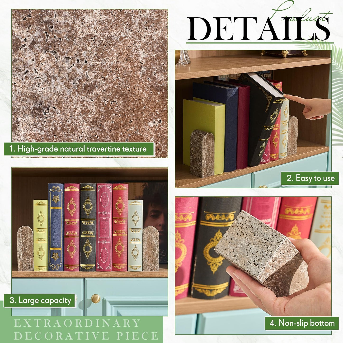 CroBlissful 2 Pcs Travertine Natural Marble Bookends for Shelves, Decorative Book Ends Solid Bookends Heavy Duty Book Holders, Bookshelf Decor for Home Study Bathroom Kitchen Cd Video Games (Grey)