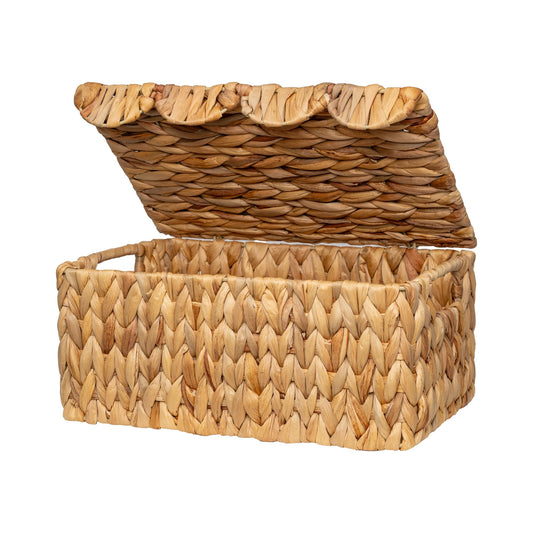 StorageWorks Wicker Basket with Scalloped Edge Lid, Handwoven Water Hyacinth Baskets for Bathroom, Bedroom, Living Room, 13" L x 9 ½" W x 6" H