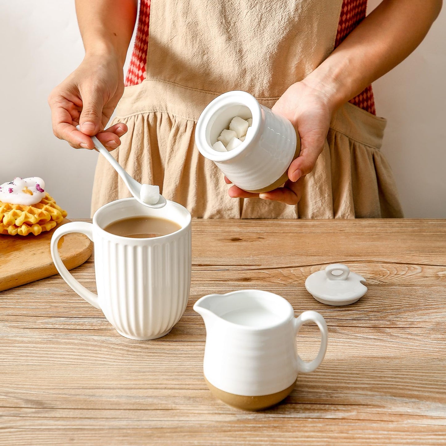 Hasense Ceramic Sugar and Creamer Set, Sugar Bowl with Lid and Spoon, Cream Pitcher, Cute Coffee Serving Set for Wedding Gift and Home Decor, Dishwasher Safe, White