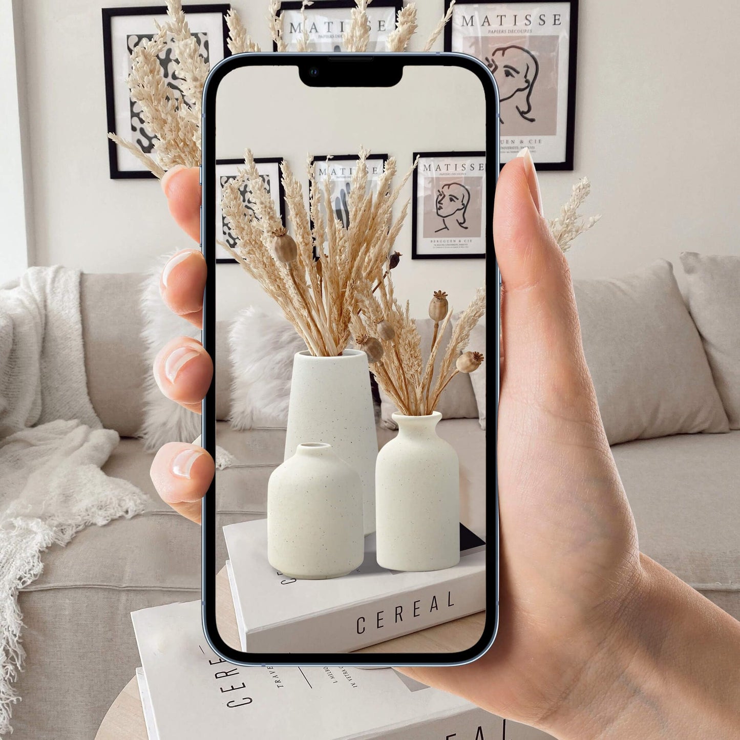 LOJAYUVE Beige Ceramic Vases Set of 3 for Pampas Grass & Dried Flowers, Creative Modern Boho Farmhouse Décor, Small Ceramic Vase for Shelf, Desk, Bookshelf and Entryway