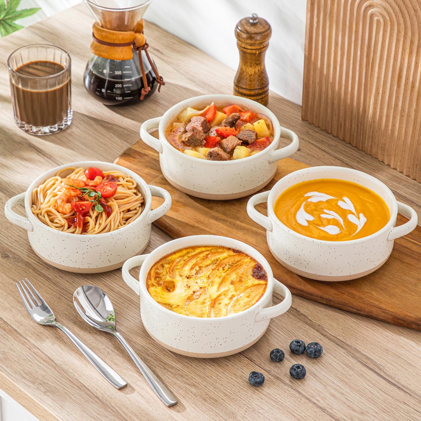 vancasso Sabine French Onion Soup Bowls with Handles, 30 Oz Large Soup Bowls for Cereal, Pasta,Stew, Oven Safe Soup Sowls, Soup Crocks Set of 4, Cream Beige