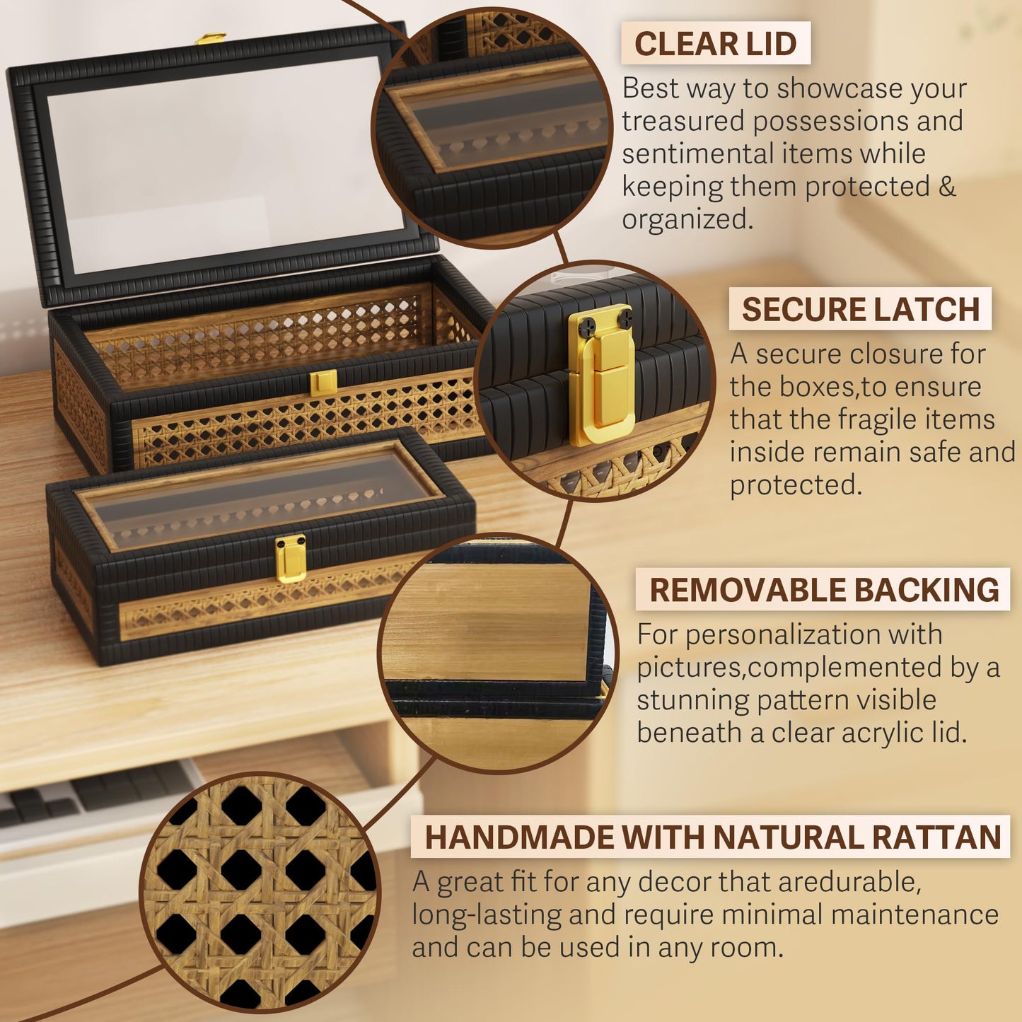 Fllamo Rattan Decorative Box,Boho Display Boxes with Lids,Set of 2 Rectangular Wicker Storage Decoration,Natural Woven Cane Bins for Home Decor for Rustic Farmhouse(Yellow and Black)