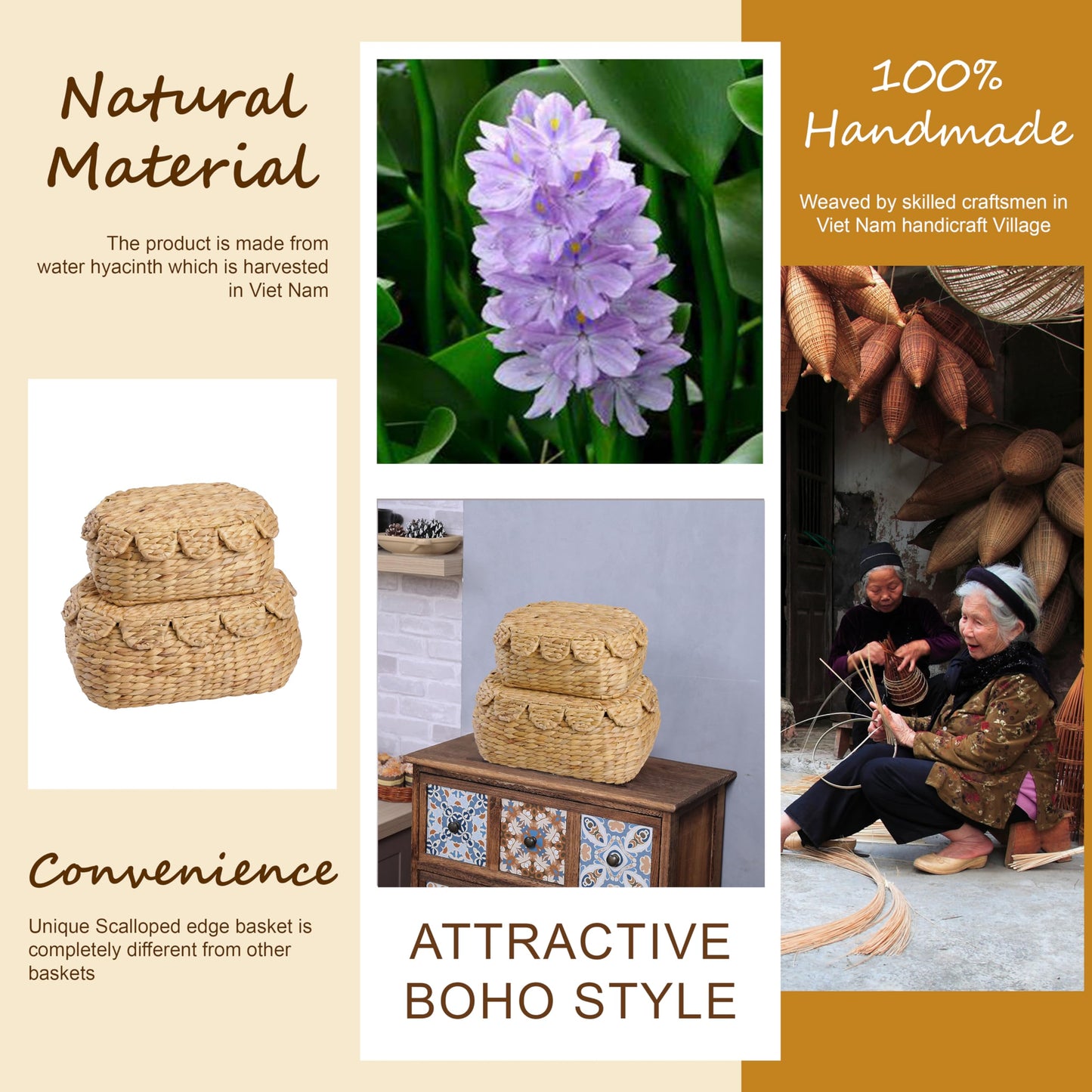 LUSYDECO Round Wicker Storage Baskets with Lid, Rattan Basket Decorative Boxes, Woven Storage Box Hyacinth Basket with Lids, Scalloped Edge Wicker Basket with Lid, Set of 2