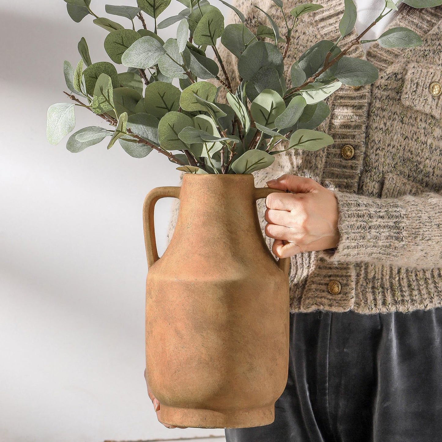 11 inch + 9.7 inch Rustic Farmhouse Vase for Home Decor, Decorative Pottery Flowers Vase for Mantel, Entryway, Living Room, Table