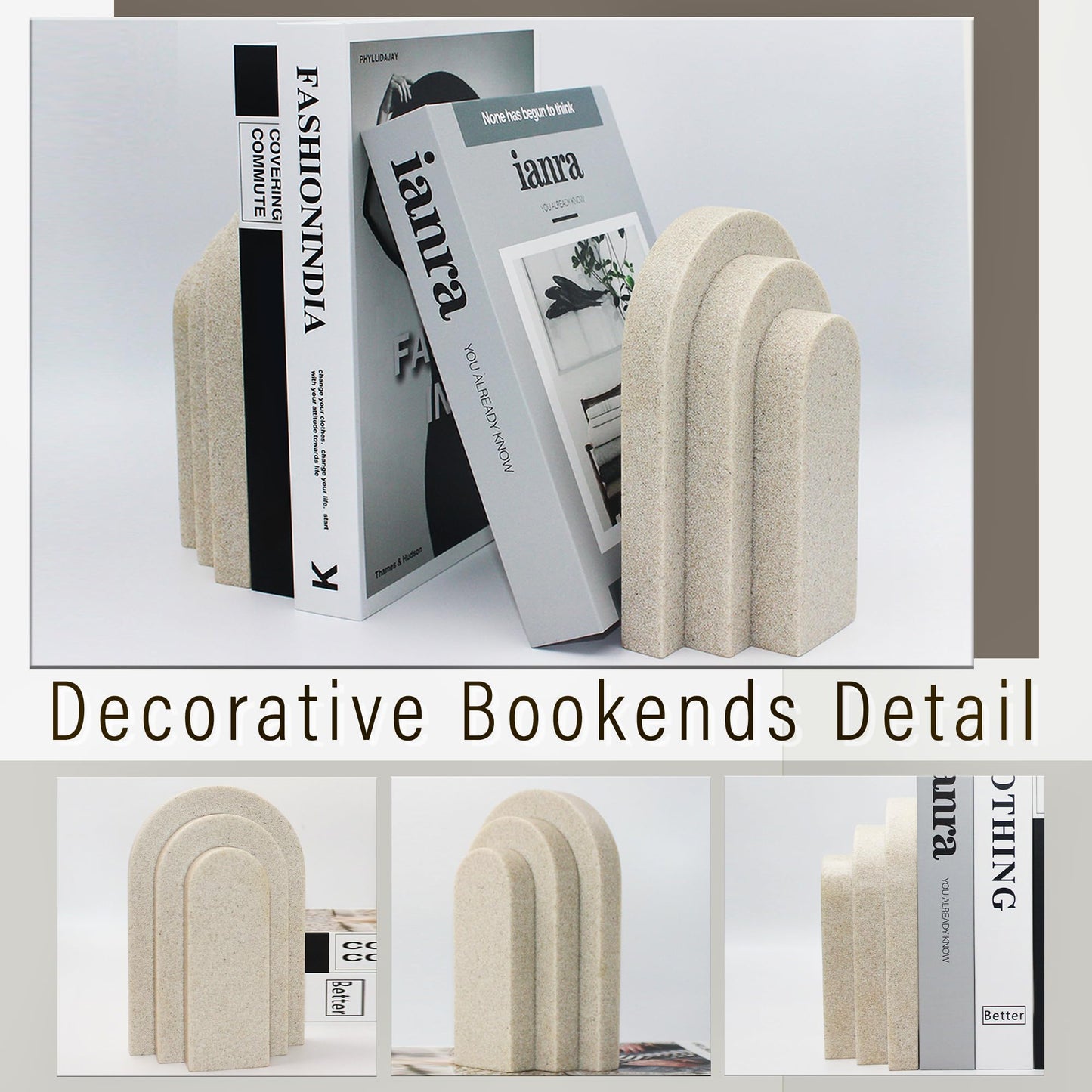 LIN CHUAN - Decorative Bookends for Heavy Books, Aesthetic Book Ends Set of 2, Modern Book Holders Stopper for Shelves, Bookshelf, Bookcase, Office Desk, Home Decor, Resin, Beige