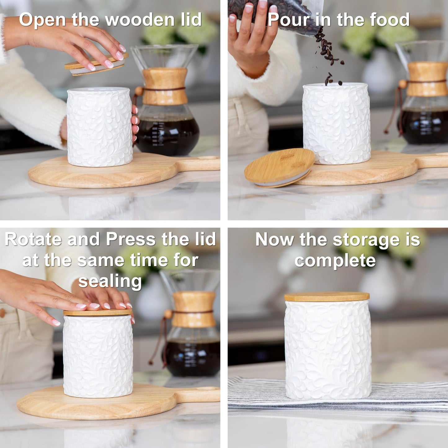 Small Engraved Ceramic Kitchen Canister - Storage Jars with Airtight Lids Made from Bamboo with Nature-Inspired Engraving - Use as a Pasta Holder, Coffee Ground Holder, Rice Container - 30 Ounces