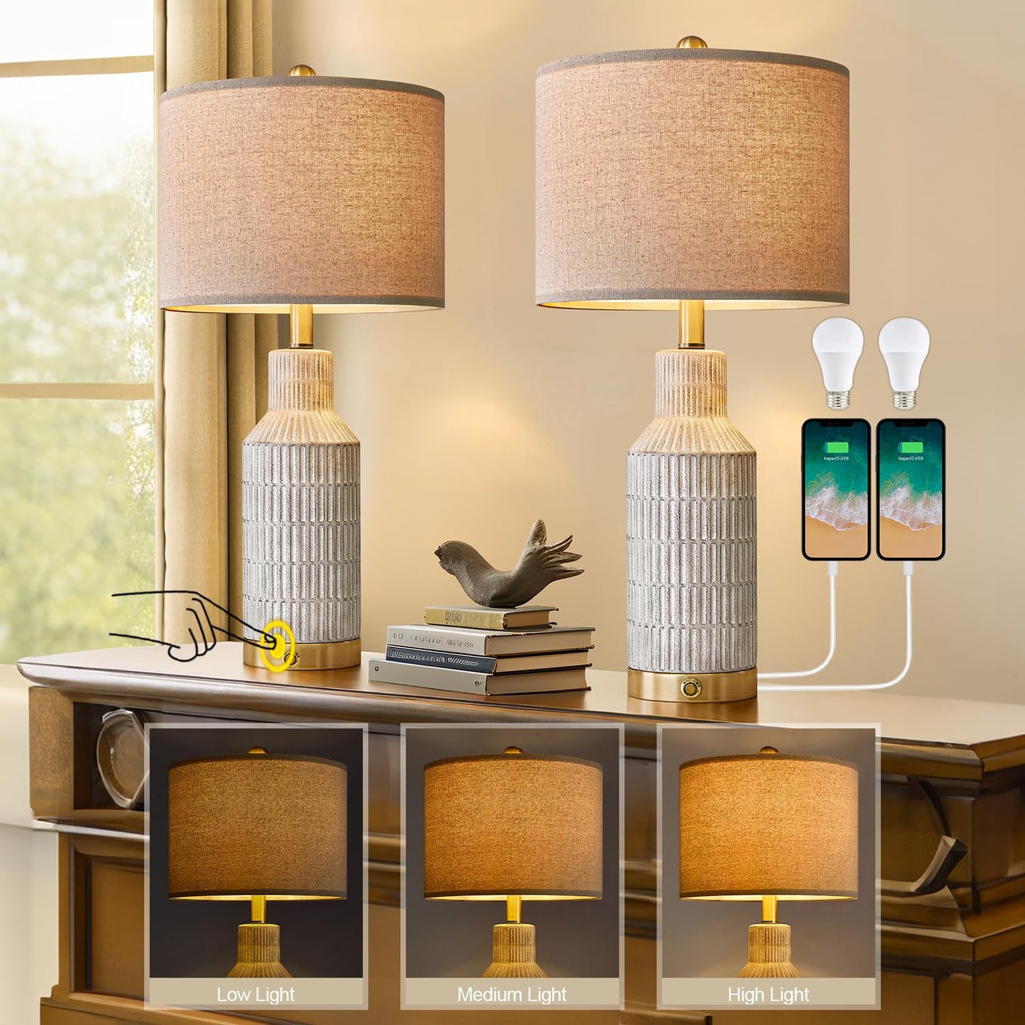 USumkky 25" Modern 3-Way Dimmable Touch Control with USB A+C Ceramic Lamps Set of 2 Table Lamp for Living Room Bedroom Farmhouse Nightstand Bedside Lamps (White-Washed)