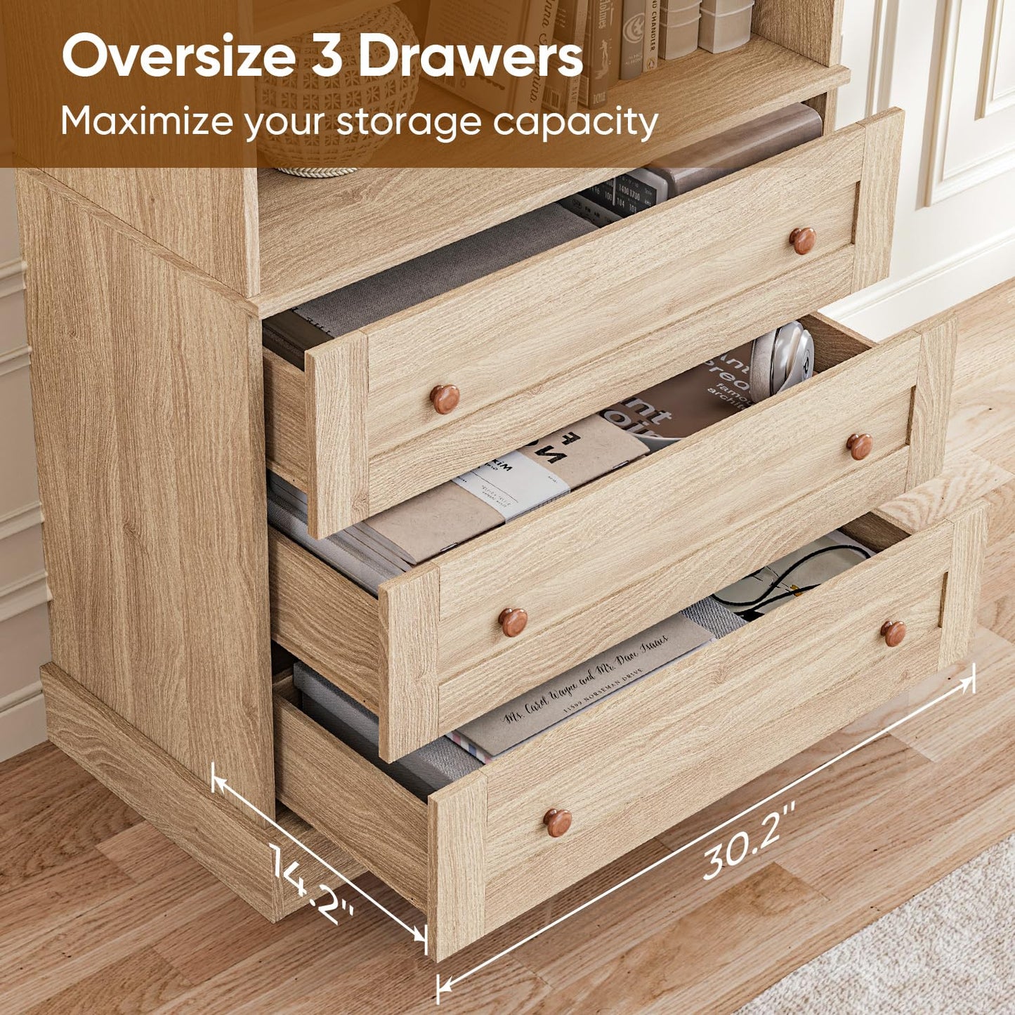 71" Tall Farmhouse Bookshelves, Brown Large Bookcase with Adjustable Shelves, 3 Drawers Wooden Storage Cabinet for Living Room, Kitchen, Home Office, Dining Room, 2 Pcs Open Unit