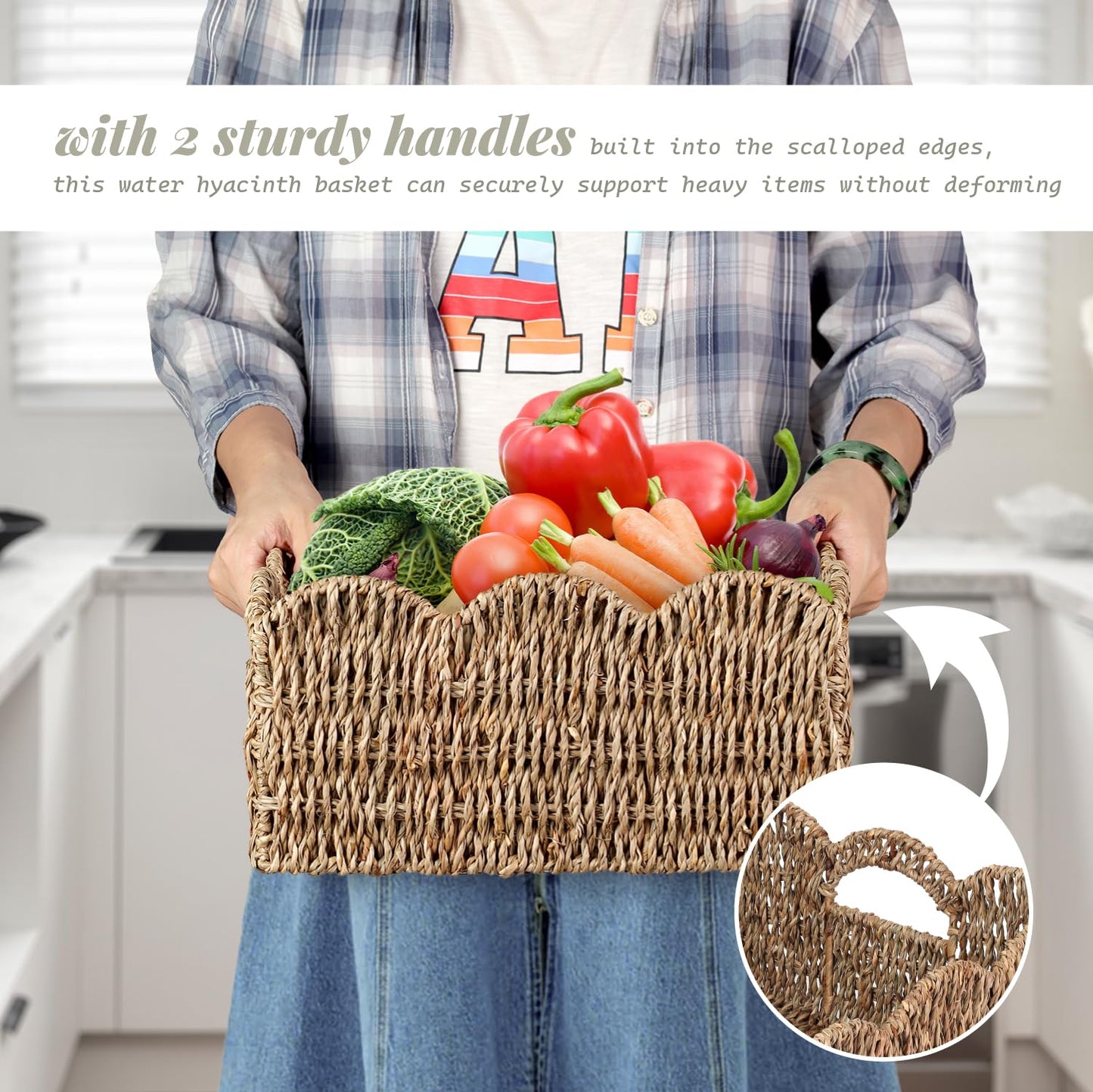 Scalloped Baskets (Natural-Set of 2) Seagrass Basket For Decor, Basket Living Room Organizer, Bathroom, Bedroom, Laundry,... Seagrass Storage Baskets with Built-in Handles.