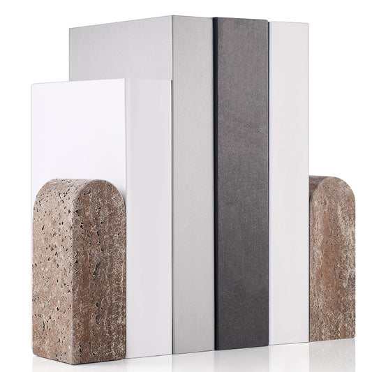 CroBlissful 2 Pcs Travertine Natural Marble Bookends for Shelves, Decorative Book Ends Solid Bookends Heavy Duty Book Holders, Bookshelf Decor for Home Study Bathroom Kitchen Cd Video Games (Grey)