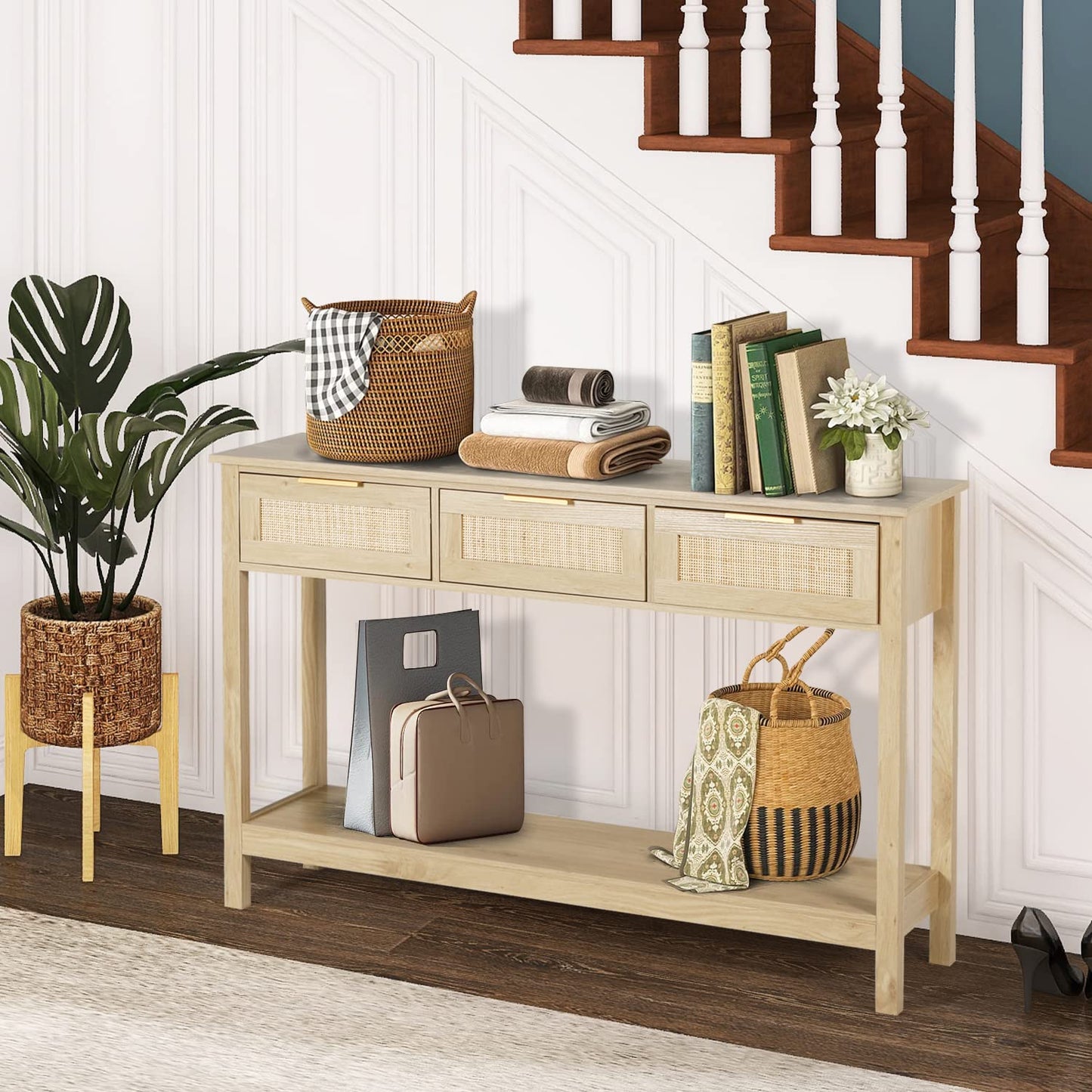 LAZZO Rattan Console Table Boho Entryway Table Narrow Long Sofa Table Hallway Foyer Behind Couch Table with 3 Drawers and Open Storage Shelf for Living Room and Corridor Natural Wood