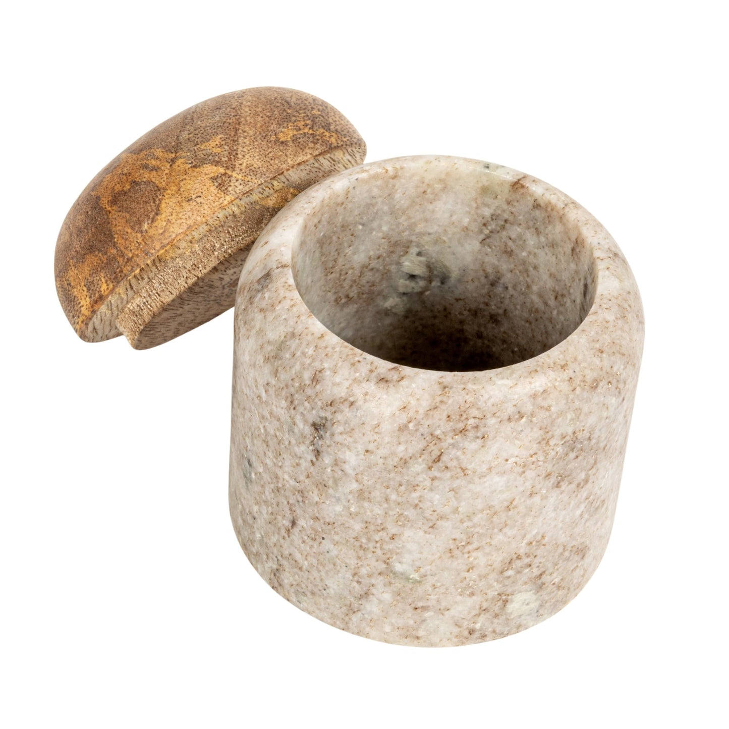 Creative Co-Op Unique Marble and Mango Wood Pinch Pot Canister with Lid, Vary Slightly in Color and Grain, Natural