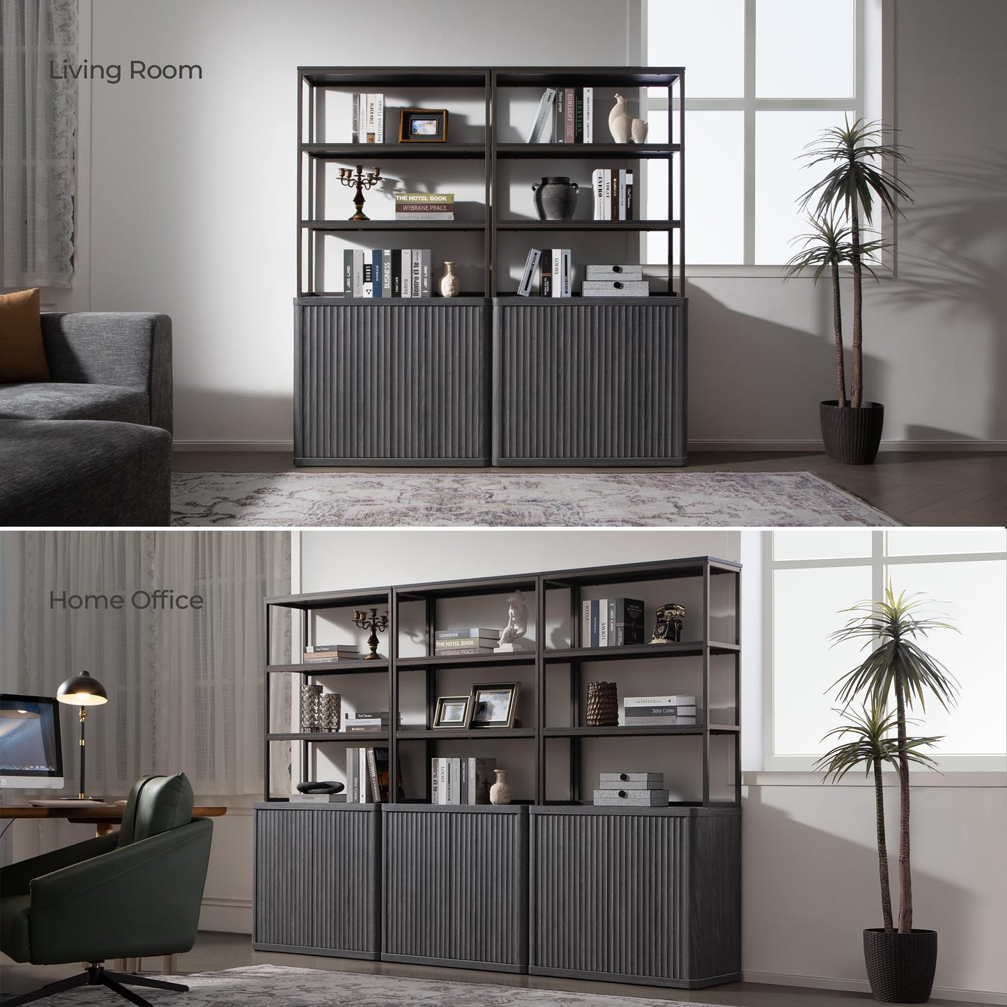 SICOTAS Book Shelf Fluted Bookshelf 71" Tall Bookcase with Doors Storage 5 Tier Mid Century Modern Bookshelves Large Shelves Metal Book Cases for Living Room Office Bedroom Kitchen Library (Black)