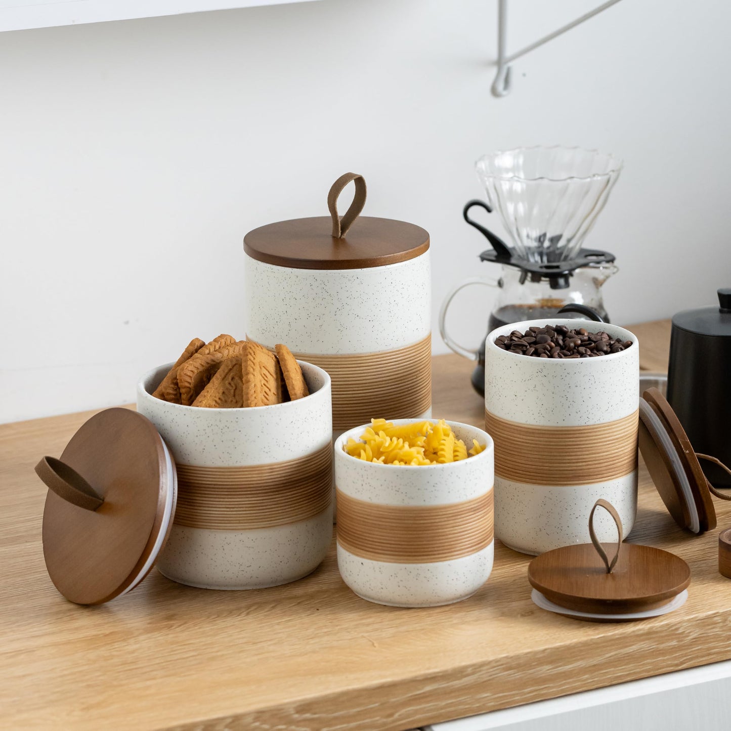 Miamolo Large Storage Containers with Lids, Ceramic Coffee Container Kitchen Food Storage Jars for Spice Sugar Tea Bag, Stackable Decorative Jars for Counter, White & 61oz