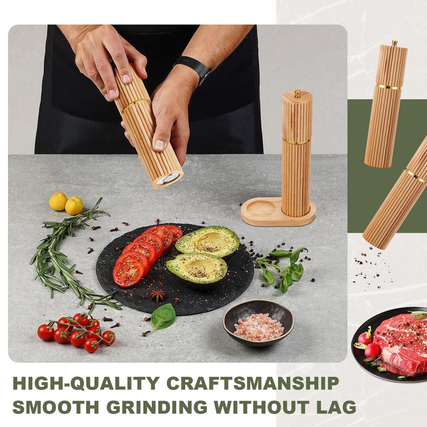 LOYIM Wooden Salt and Pepper Grinder Set 8" Refillable Wooden Manual Salt and Pepper Mill Set with Adjustable Coarse Settings Rust Resistant Smooth and Quality Grinding Mechanism (Wood)