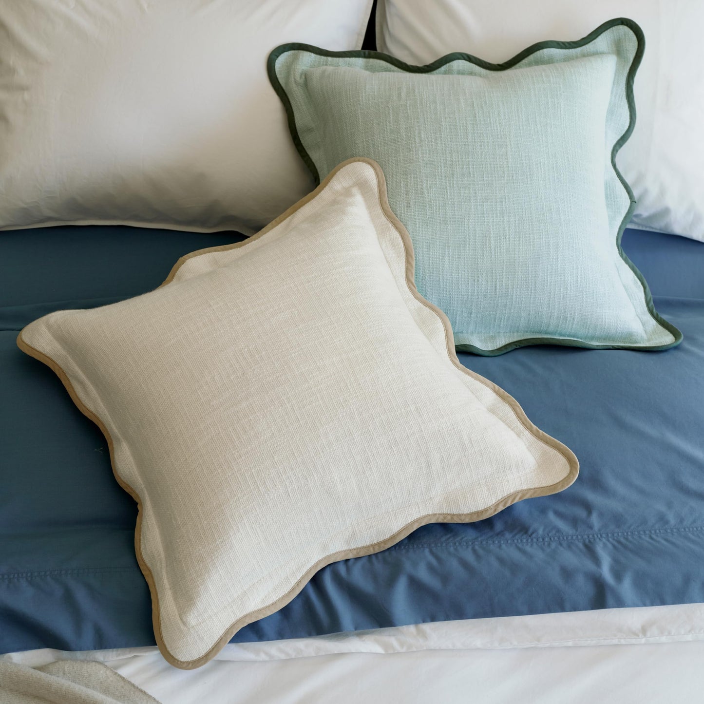 Double Stitch Scalloped Throw Pillow Covers - 100% Cotton Decorative Boho Pillow Covers 18 x 18, Made in India, Square Cushion Case, Modern Home Decor for Couch Sofa Living Room, Cream