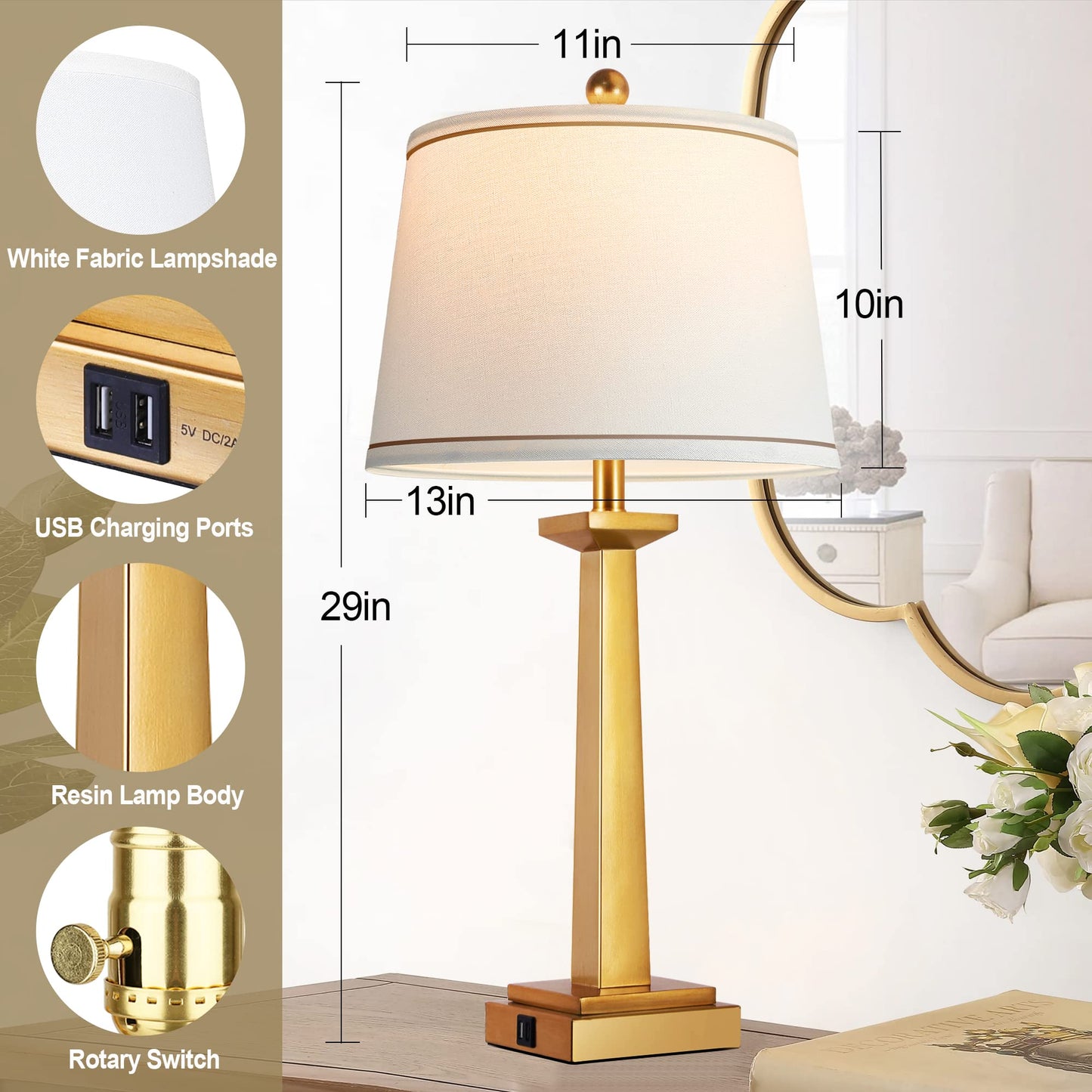 ROTTOGOON 29" Gold Table Lamps for Living Room Set of 2, 3-Color Temperature Nightstand Modern Lamps with Dual USB Charging Ports, Resin Brass Tall Lamp for Bedrooms (LED Bulbs Included)