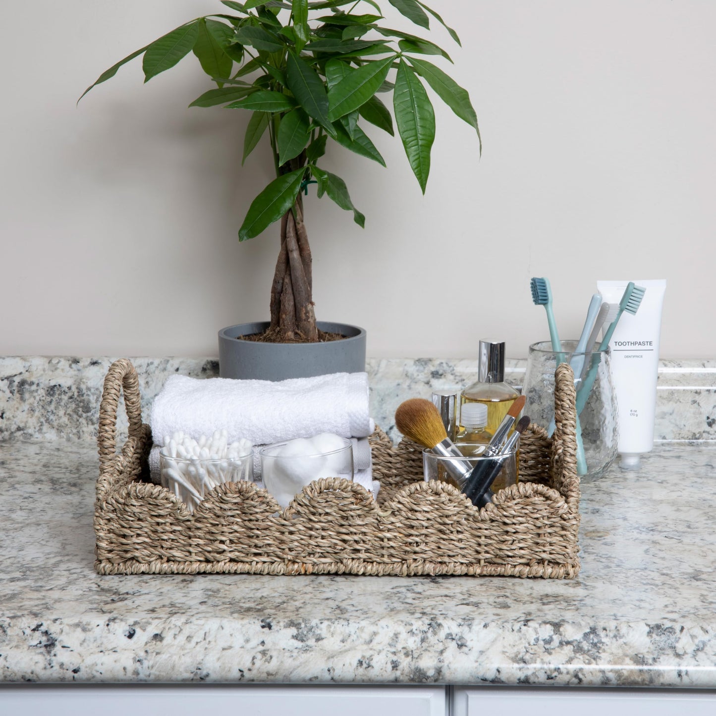 Household Essentials Handwoven Tray with Scalloped Edge and Handles, Natural