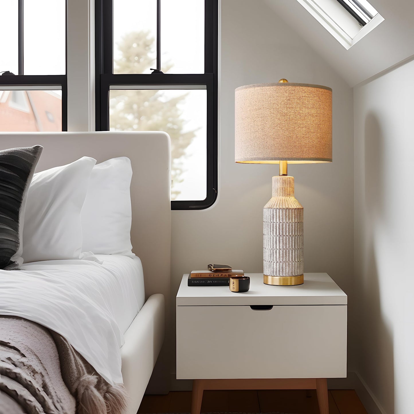 USumkky 25" Table Lamps Set of 2 - Modern Bedside Lamps for Living Room - White Washed Ceramic Nightstand Lamps for Bedroom