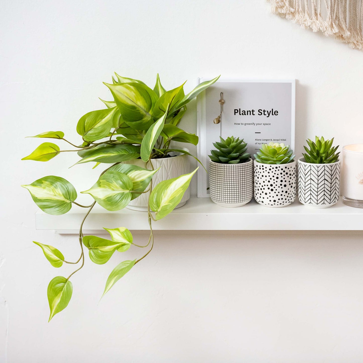 Kurrajong Farmhouse Fake pothos Plant | Fake Plant for Shelf Decor | Artificial Trailing Ivy Plant with 5" Wide Ceramic Pot | Light Green Faux pothos | Feaux Pothos