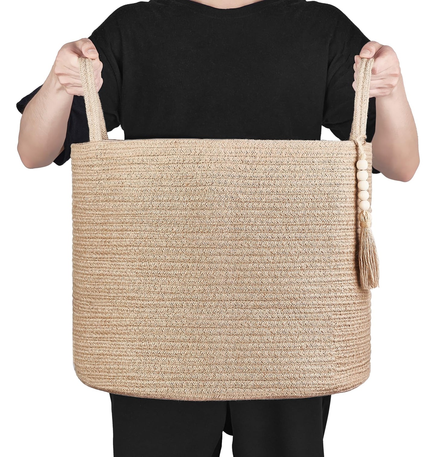 Mkono Woven Storage Basket Decorative Natural Rope Basket Wooden Bead Decoration for Blankets,Toys,Clothes,Shoes,Plant Organizer Bin with Handles Living Room Home Decor, Jute, 16" W × 13.8"L