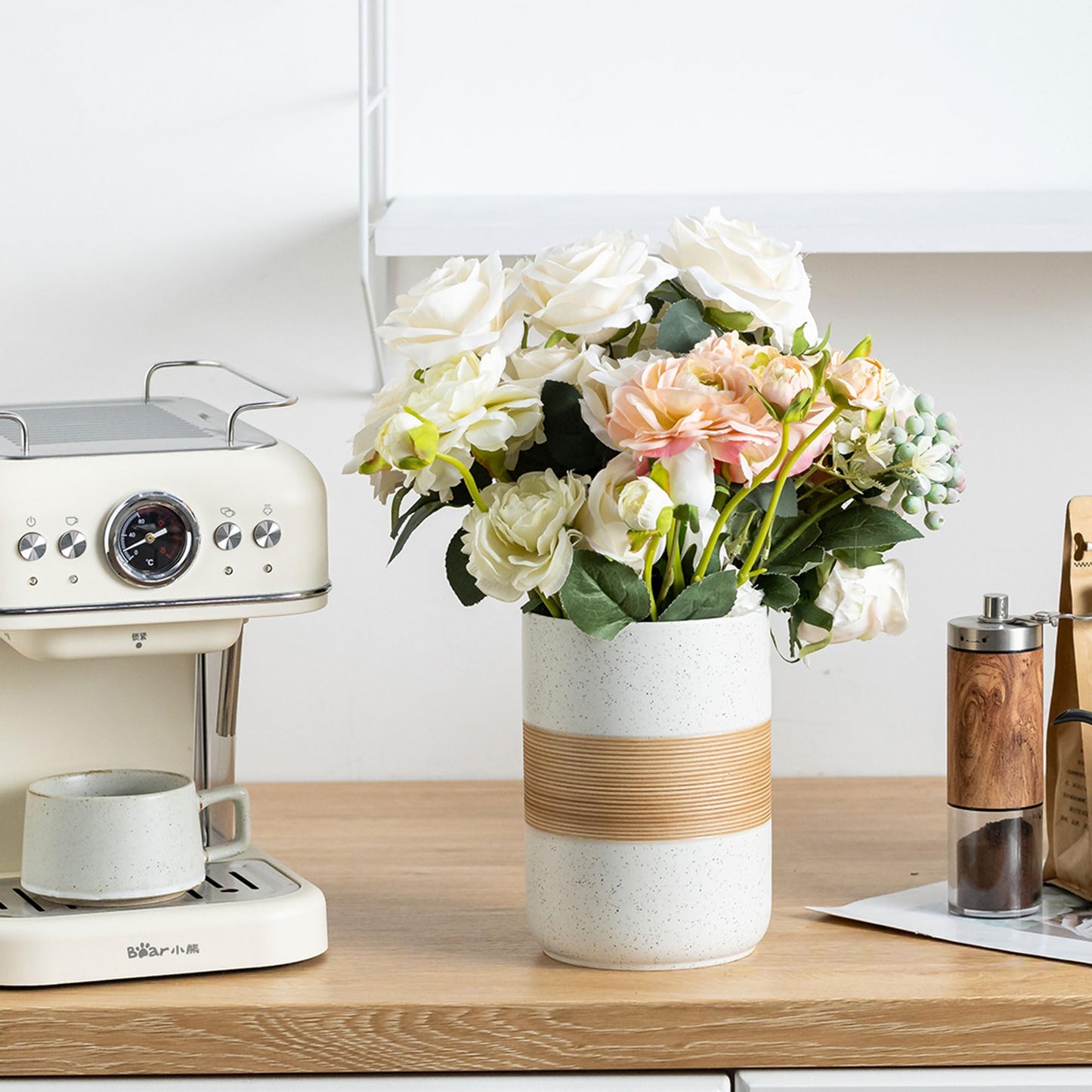 Miamolo Large Storage Containers with Lids, Ceramic Coffee Container Kitchen Food Storage Jars for Spice Sugar Tea Bag, Stackable Decorative Jars for Counter, White & 61oz