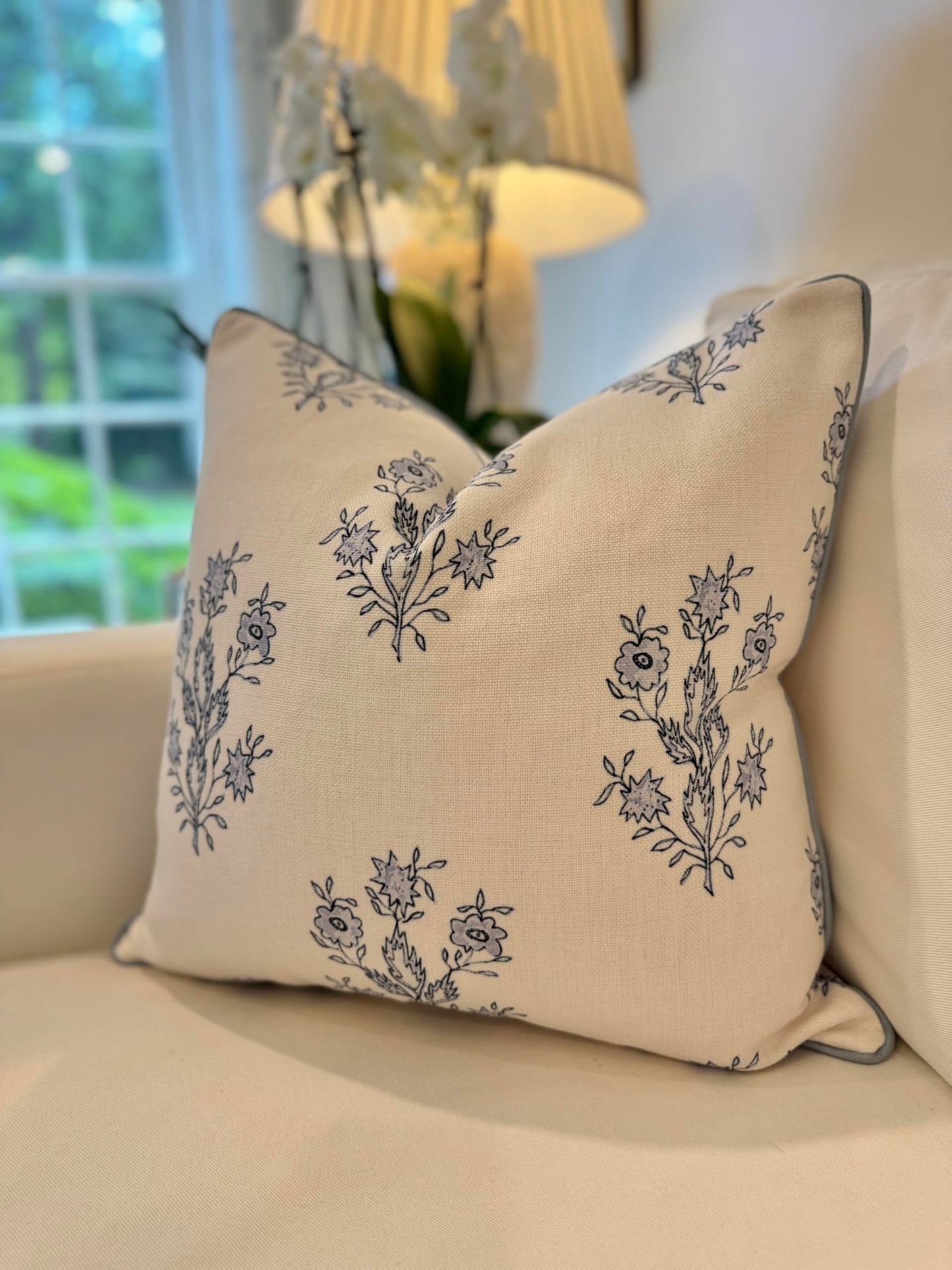 Jillien Harbor “The Mary” Periwinkle Floral Block Print Pillow Cover – Blue and Off-White Decorative Throw Pillow Cover – Grandmillennial Home Decor, 19" x 19"