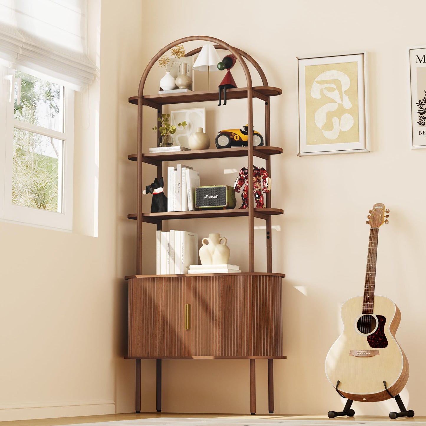 71" Tall Fluted Arched Bookshelf with Sliding Tambour Doors, Mid Century Modern Metal Curved Bookshelf Cabinet with Storage, 4-Tier Open Display Storage Shelf for Home Office, Living Room (Walnut)