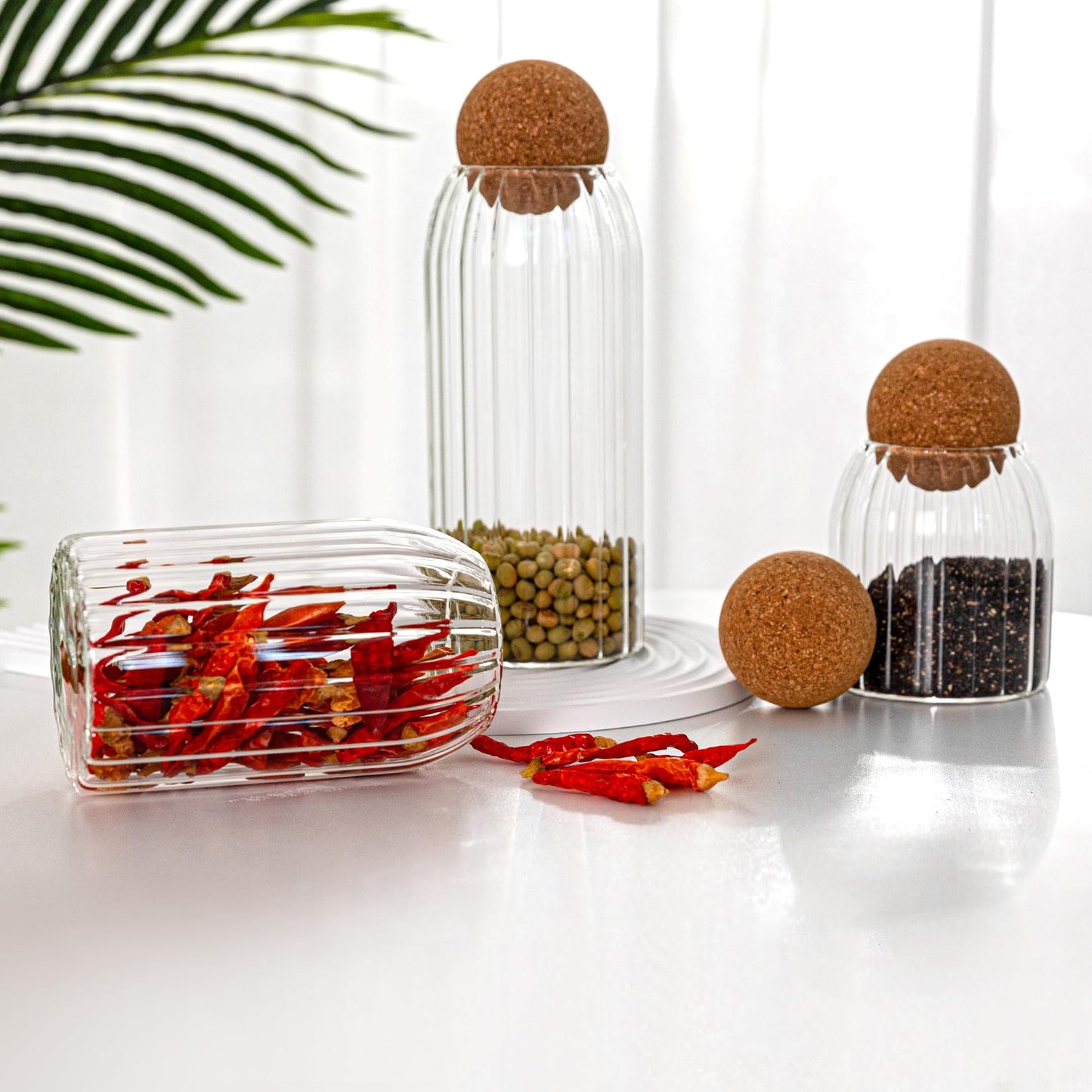 Wisifayardin Glass Jar Set of 3 - Airtight Sealed Cork Lids, Round Glass Bottles for Coffee Beans, Nut Storage, Canisters with Wooden Cork & Ball Lids, Glass Containers